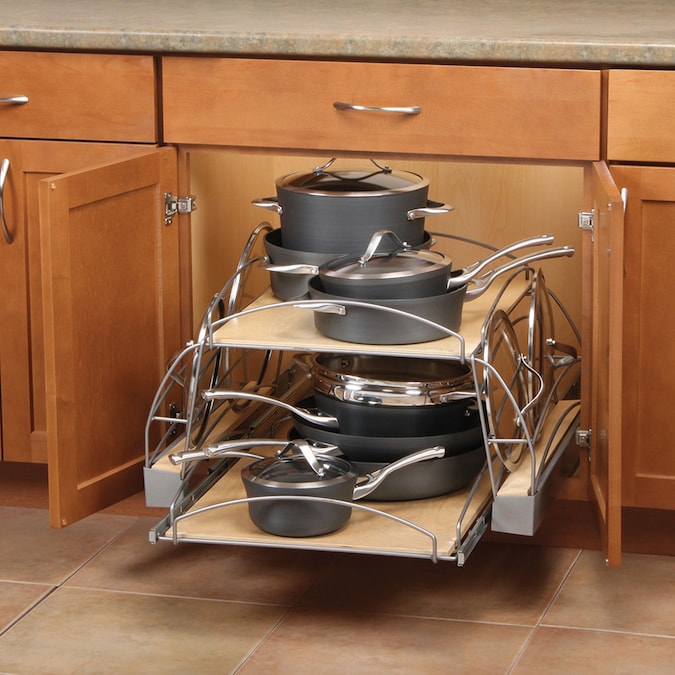 2 Tier Pull Out Wood Baskets, Pots And Pans Cabinet Organizer