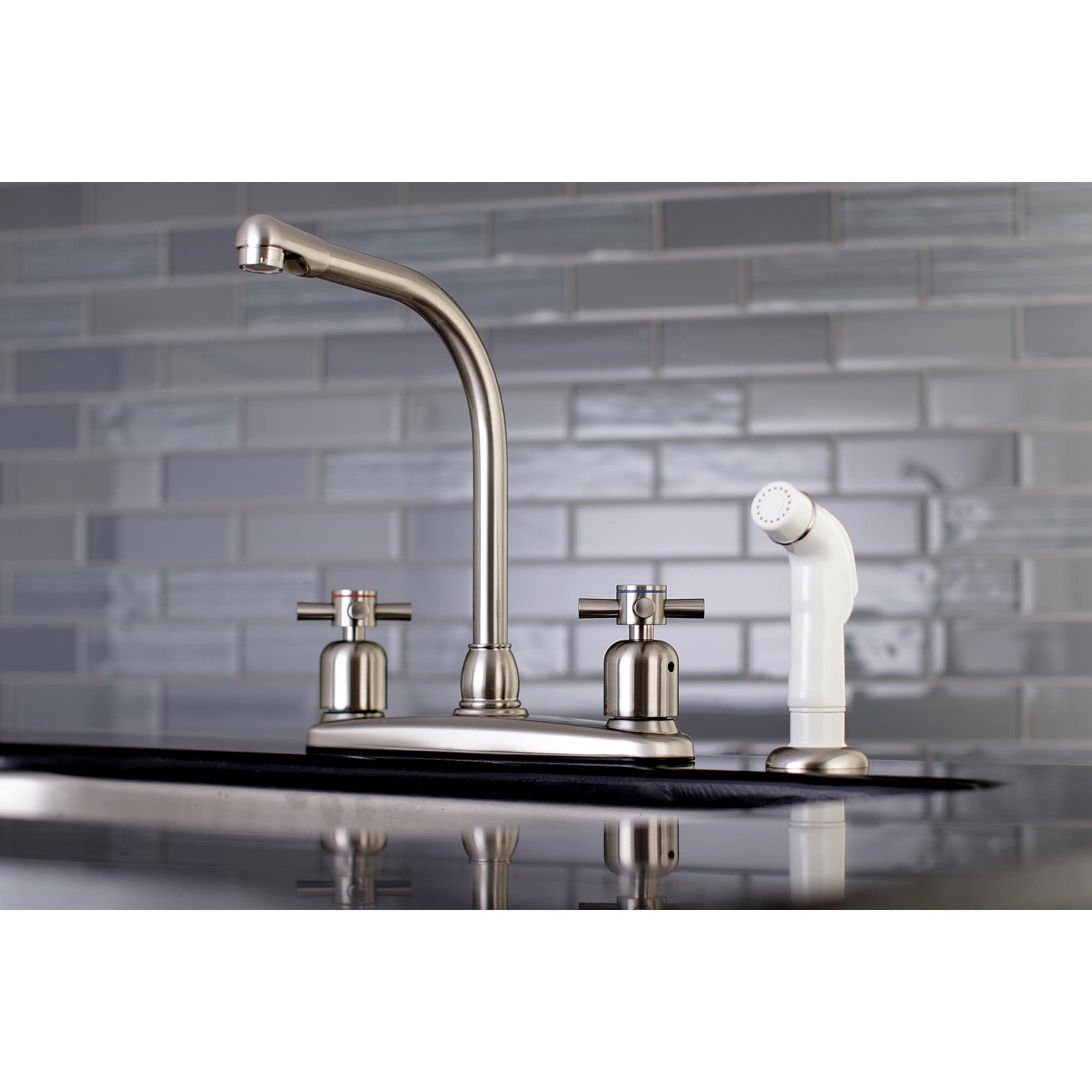Kingston Brass WLFB718DX Concord Brushed nickel Double Handle Deck-mount Kitchen Faucet with Sprayer ( Deck Plate Included ) ( Side Sprayer Included )