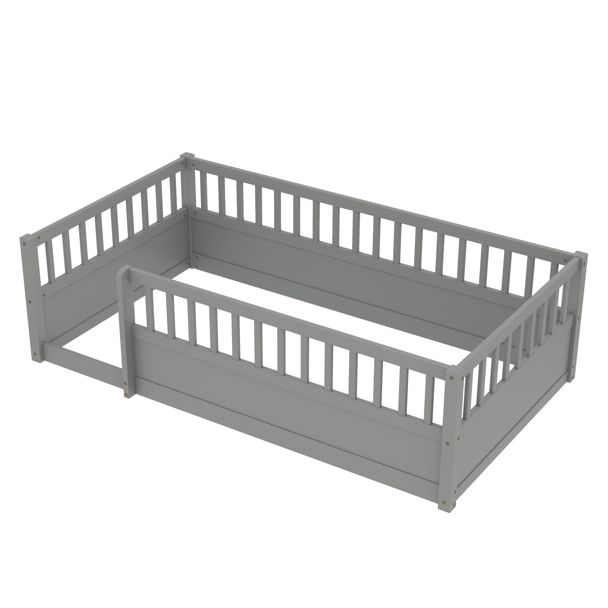 Vynxaria LESX1304-DJET-BF017 Twin Floor Bed Frame with Fence Wooden Kids Bed for Bedroom Playroom gray Solid Wood Safety Design
