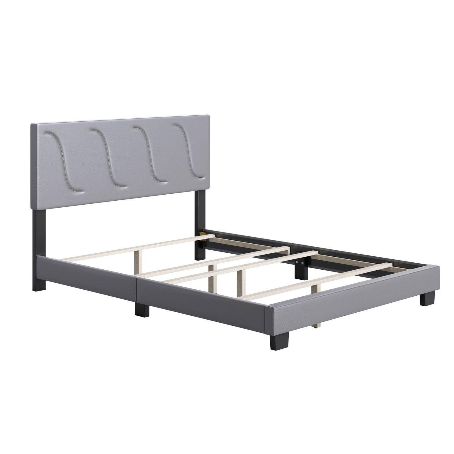Boyd Sleep 213298 VMI0404GYEK Brussels Faux Leather Upholstered King Size Platform Bed Frame with Decorative Headboard and Wood Slat Supports Grey