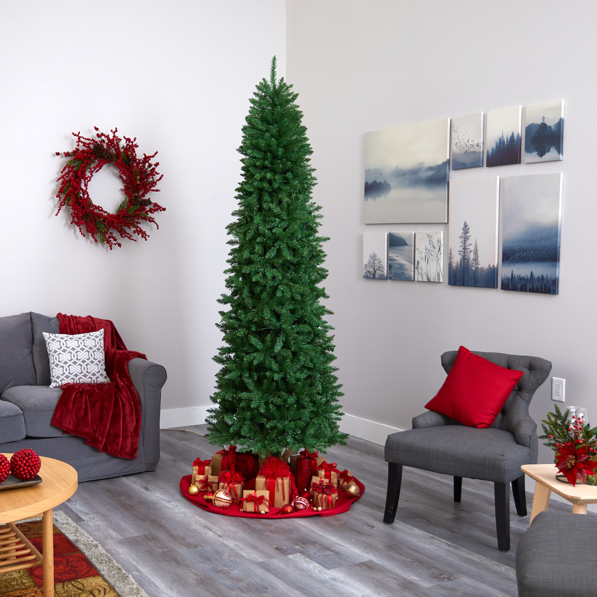 Nearly Natural 8-ft Pine Pre-lit Slim Artificial Christmas Tree with ...