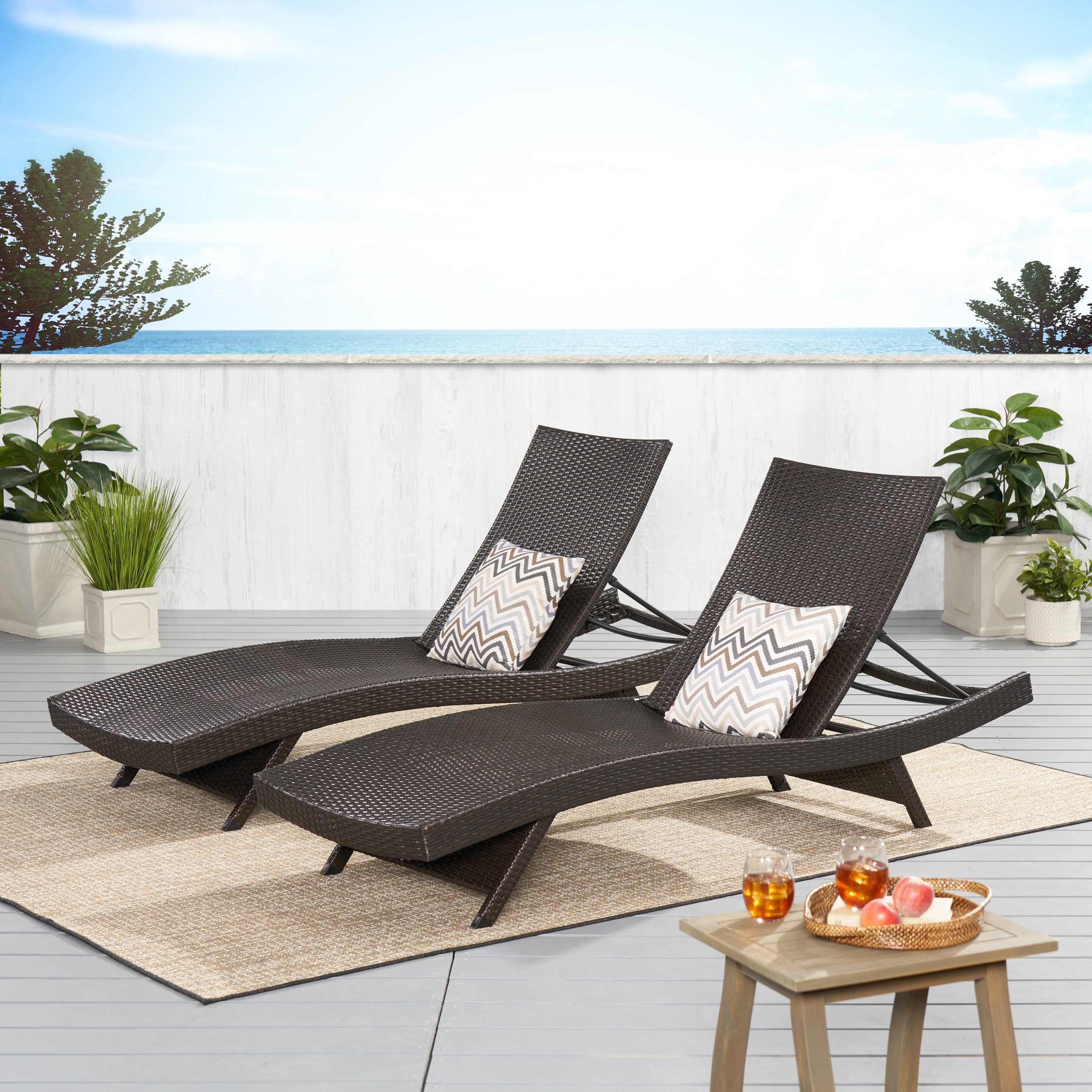 Christopher Knight Home 295933 Salem Outdoor Wicker Adjustable Chaise Lounge with Cushions (Set of 2) Brown and Colored