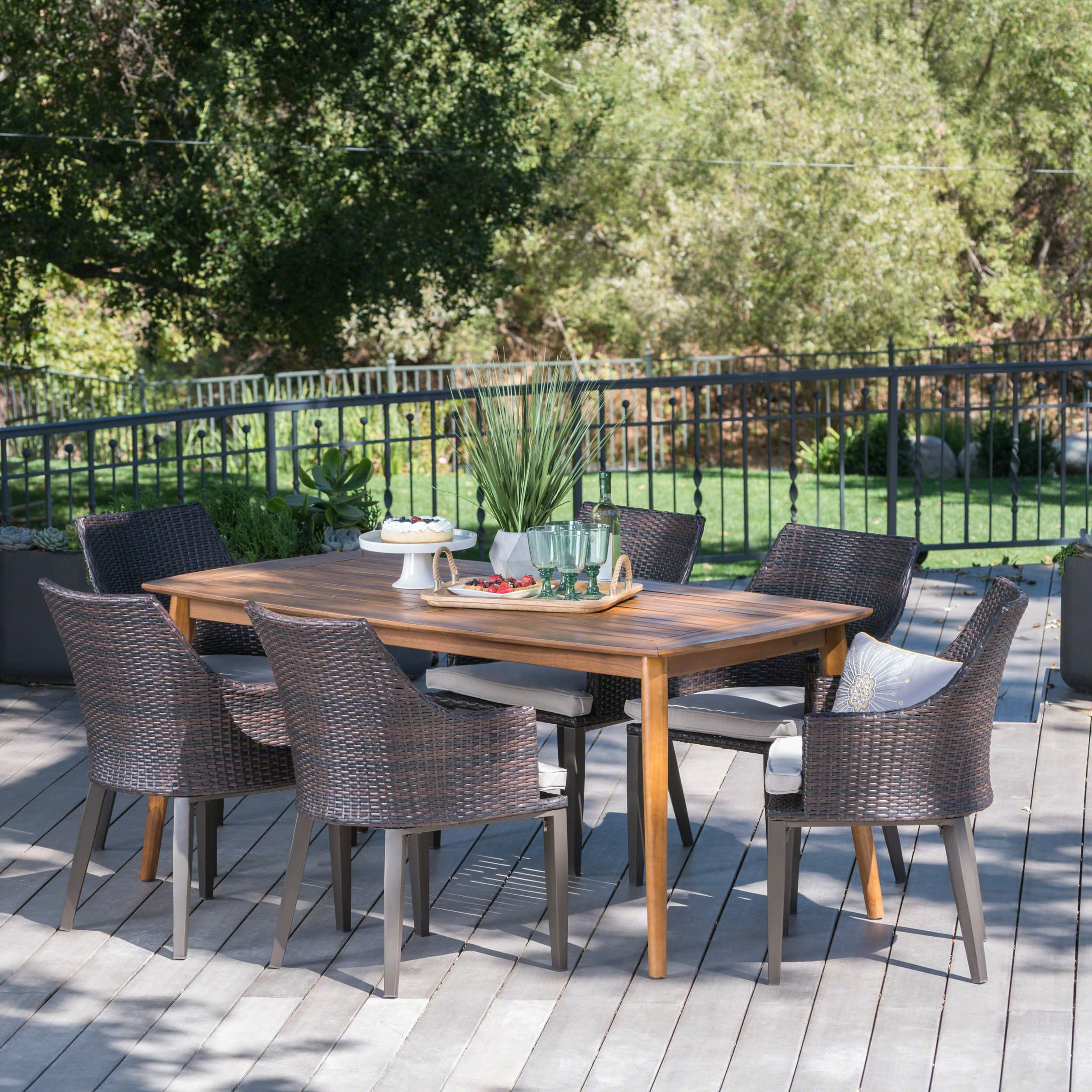 Christopher Knight Home 302475 Axel Outdoor 7 Piece Multibrown Wicker Rectangular Dining Set with Teak Finished Acacia Wood Table and Light Brown Water Resistant Cushions