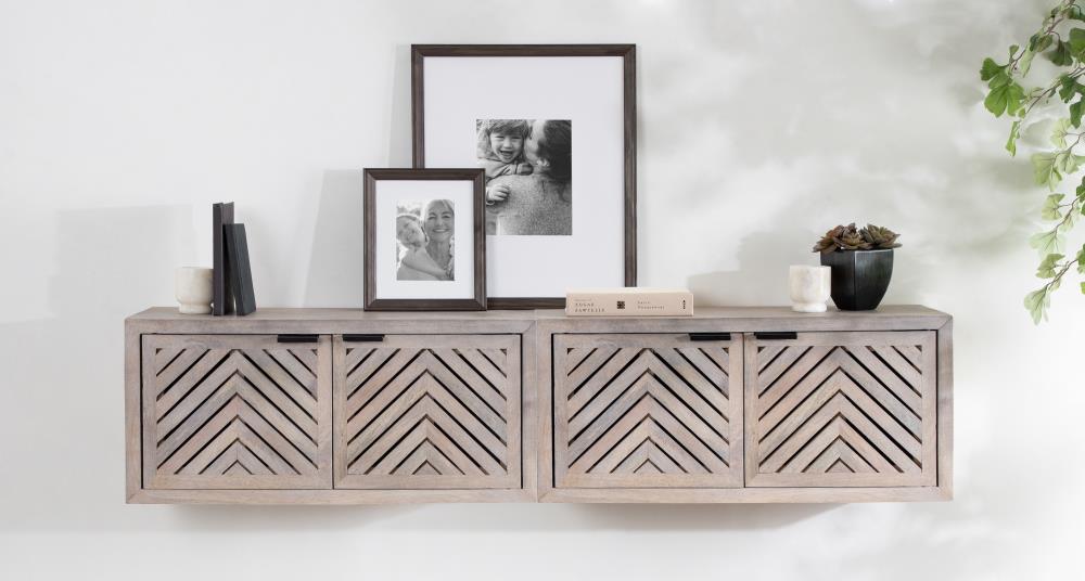 Whitewashed Mango Wood 2-Door Wall Cabinet with Chevron Design