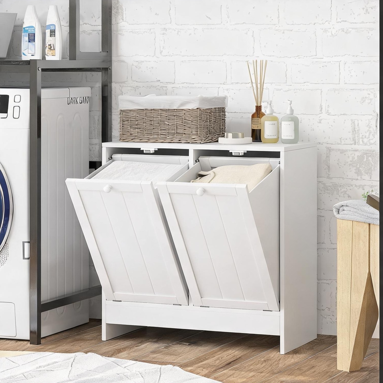 FlowLuxe Soft White Modern Tilt-Out Double Hamper Cabinet with Arched Door MDF and Particleboard 26 W x 13 D x 26.75 H