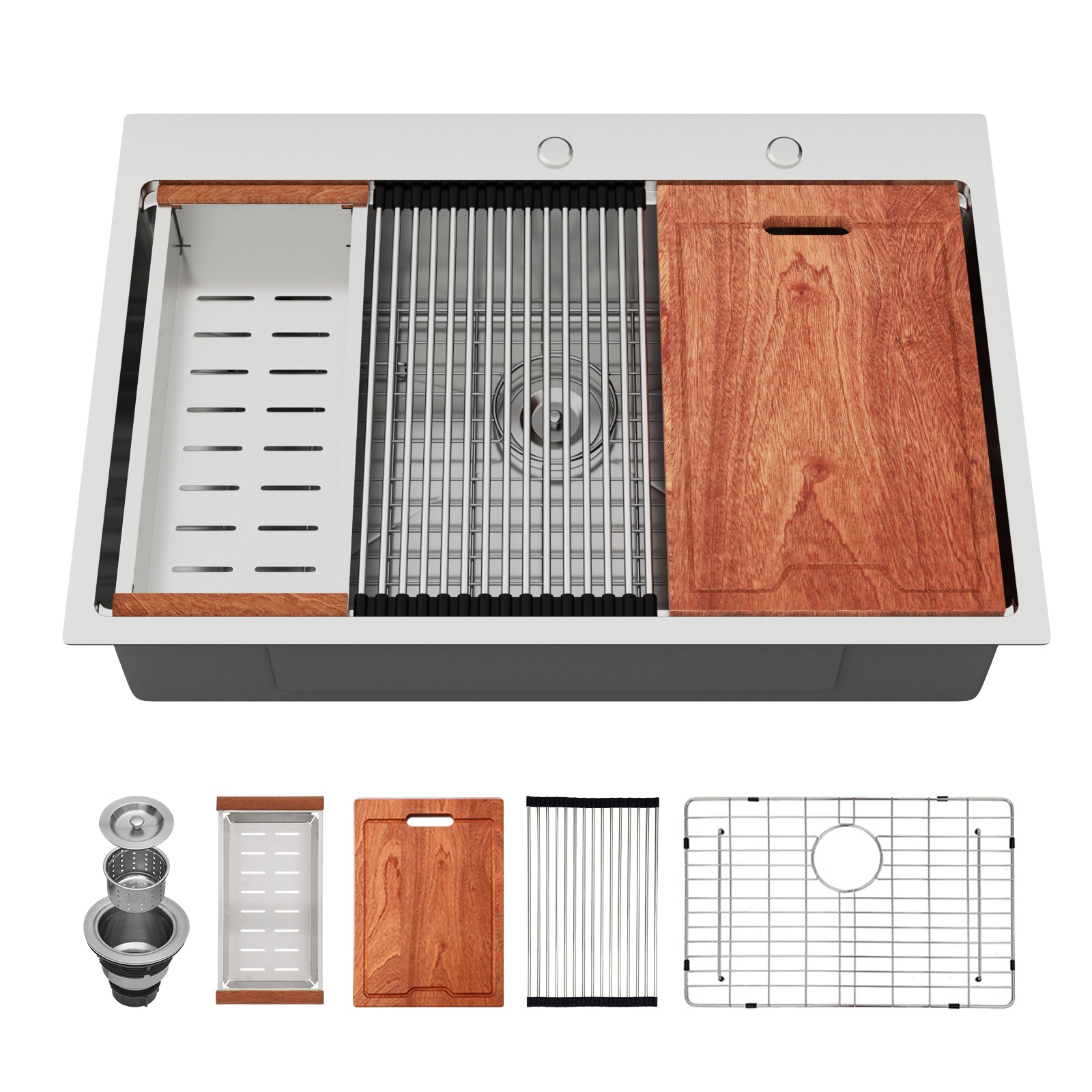 KICHAE Drop-in 33-in x 22-in 16-Gauge Brushed Stainless Steel Workstation Kitchen Sink with Accessories