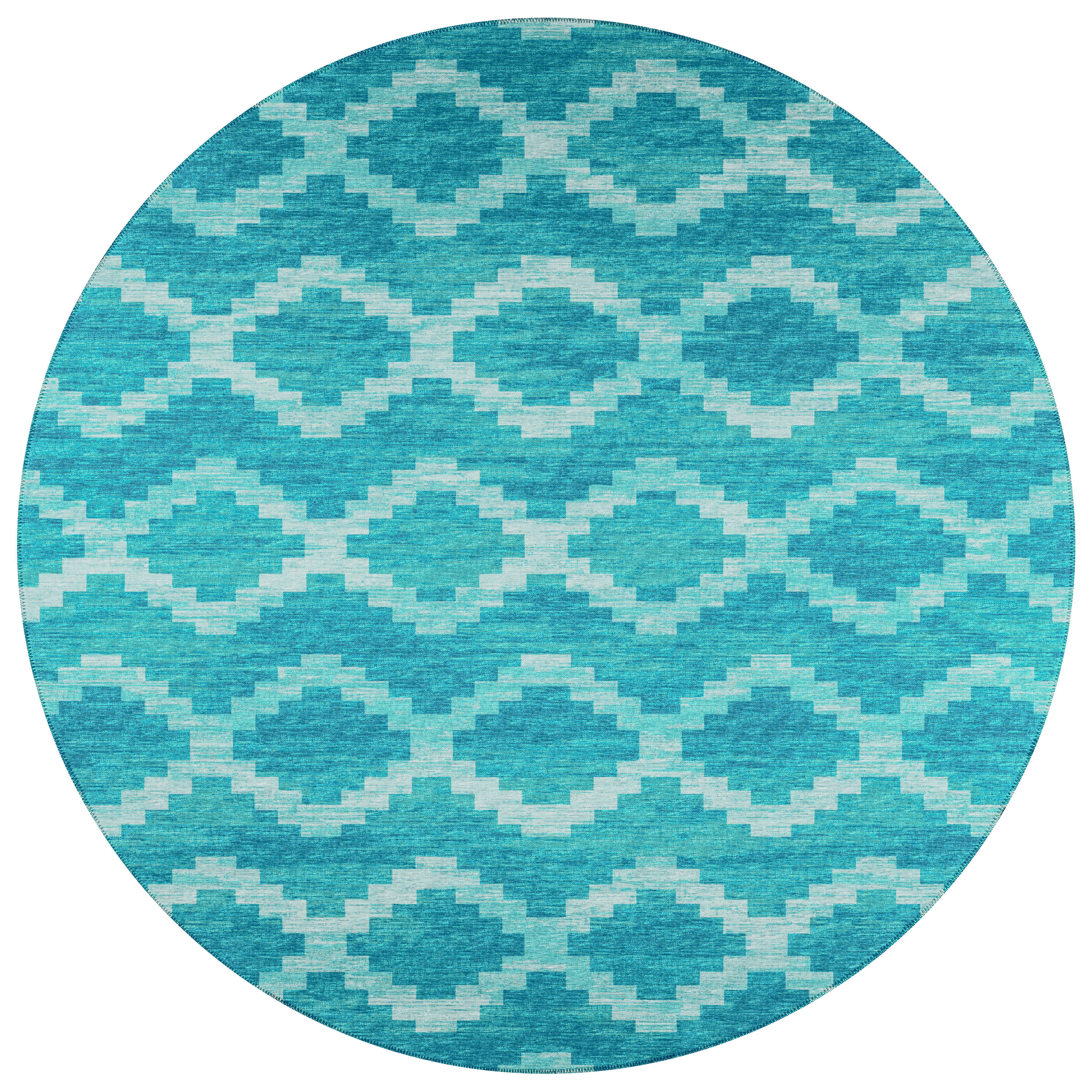 Addison Rugs AYU39TU8RO Yuma 8 x 8 (ft) Chenille Turquoise Round Indoor/Outdoor Geometric Southwestern Area rug