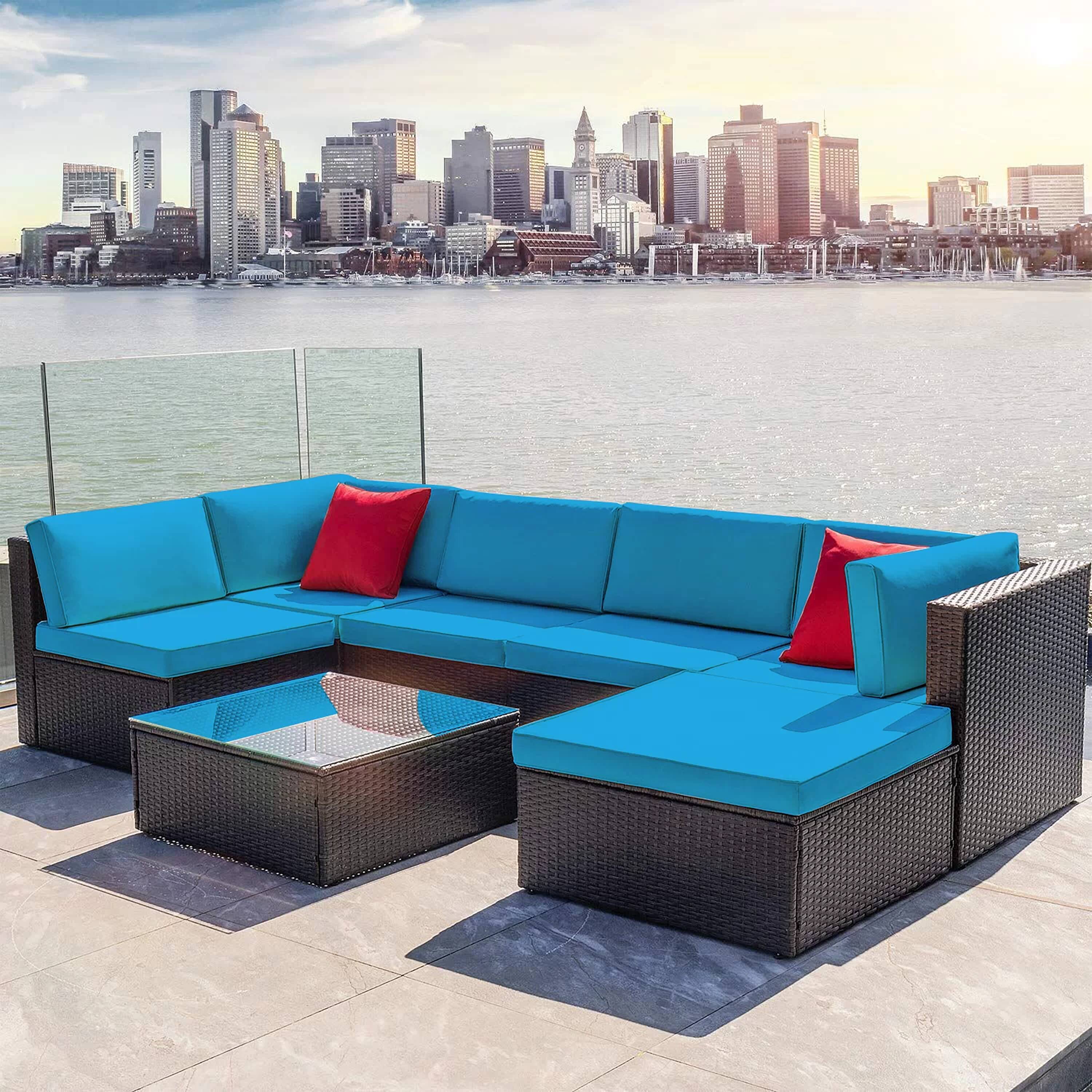 Vineego LS-71OT02A1AS003 7 -Piece Wicker 2 Patio Sofa Conversation Set with Blue Cushions