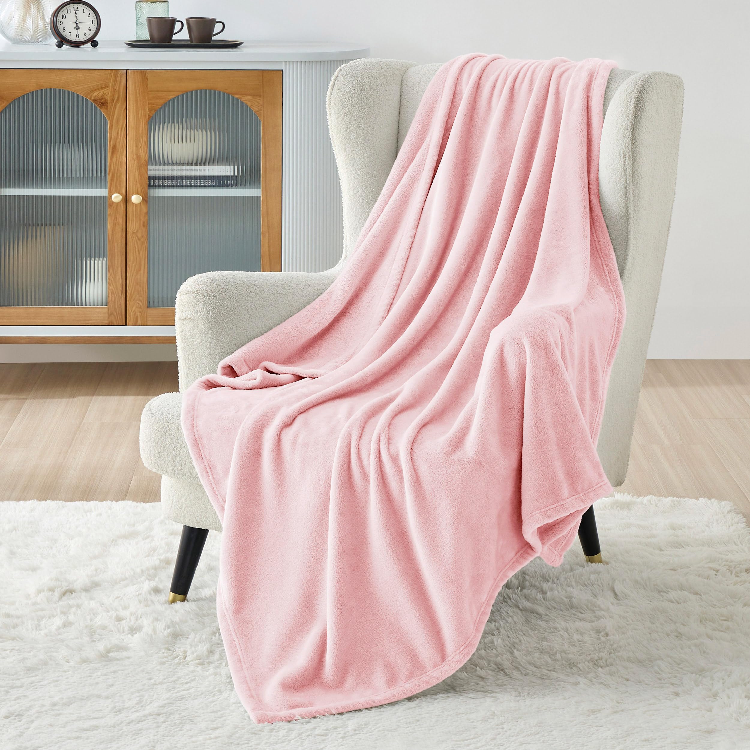 Bedsure Throw Flannel Fleece Blanket 50x60 Inches Pink 300GSM Plush Warmth Comfort Afternoon Nap Bed Couch Indoor Outdoor Use All Year Round Fluffy Softness Sensitive Natural Fibers Valentine Blankets Women Girls