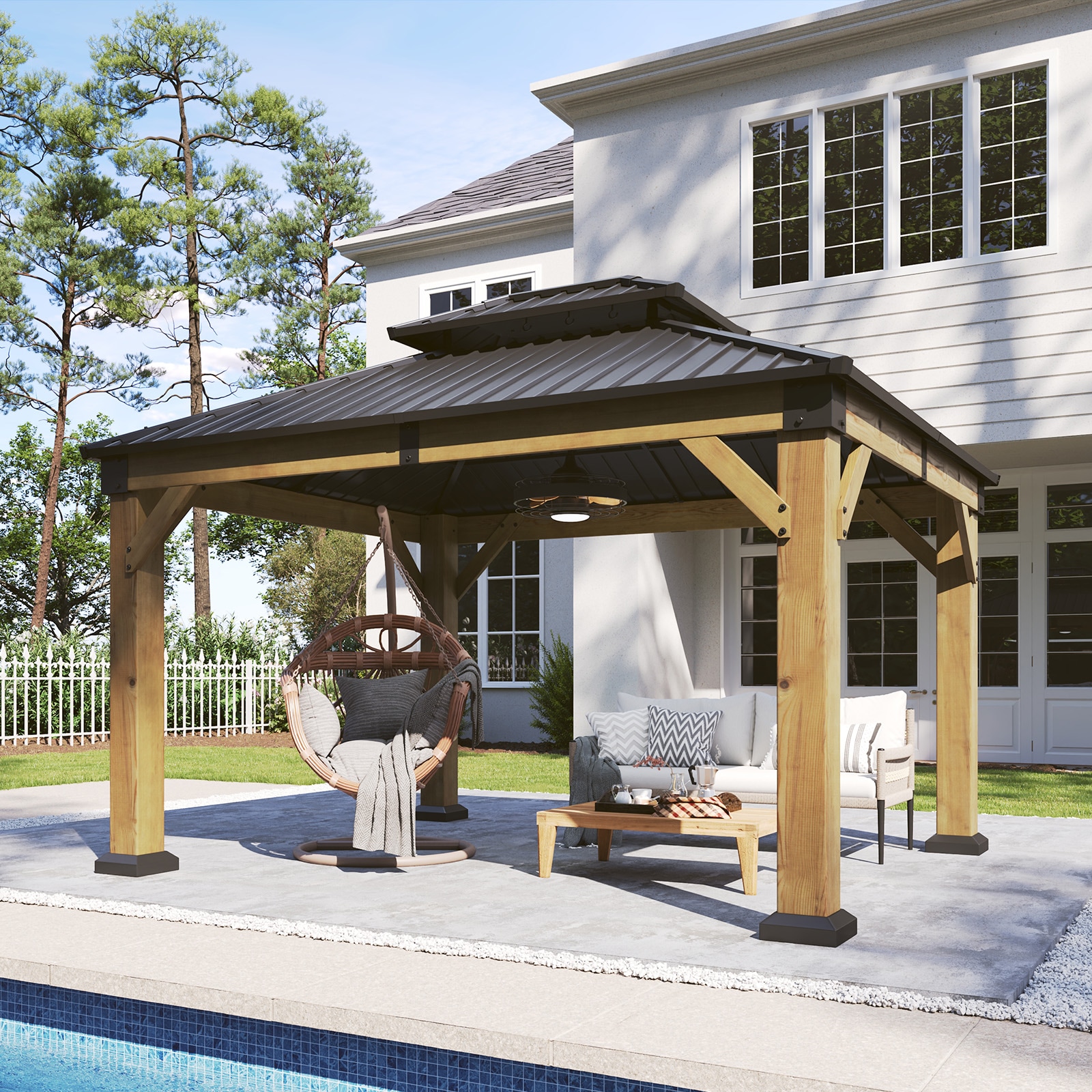 Nordivale - 12 ft x 10 ft Cedar Framed Wood Gazebo with Galvanized Steel Double Roof and Permane...