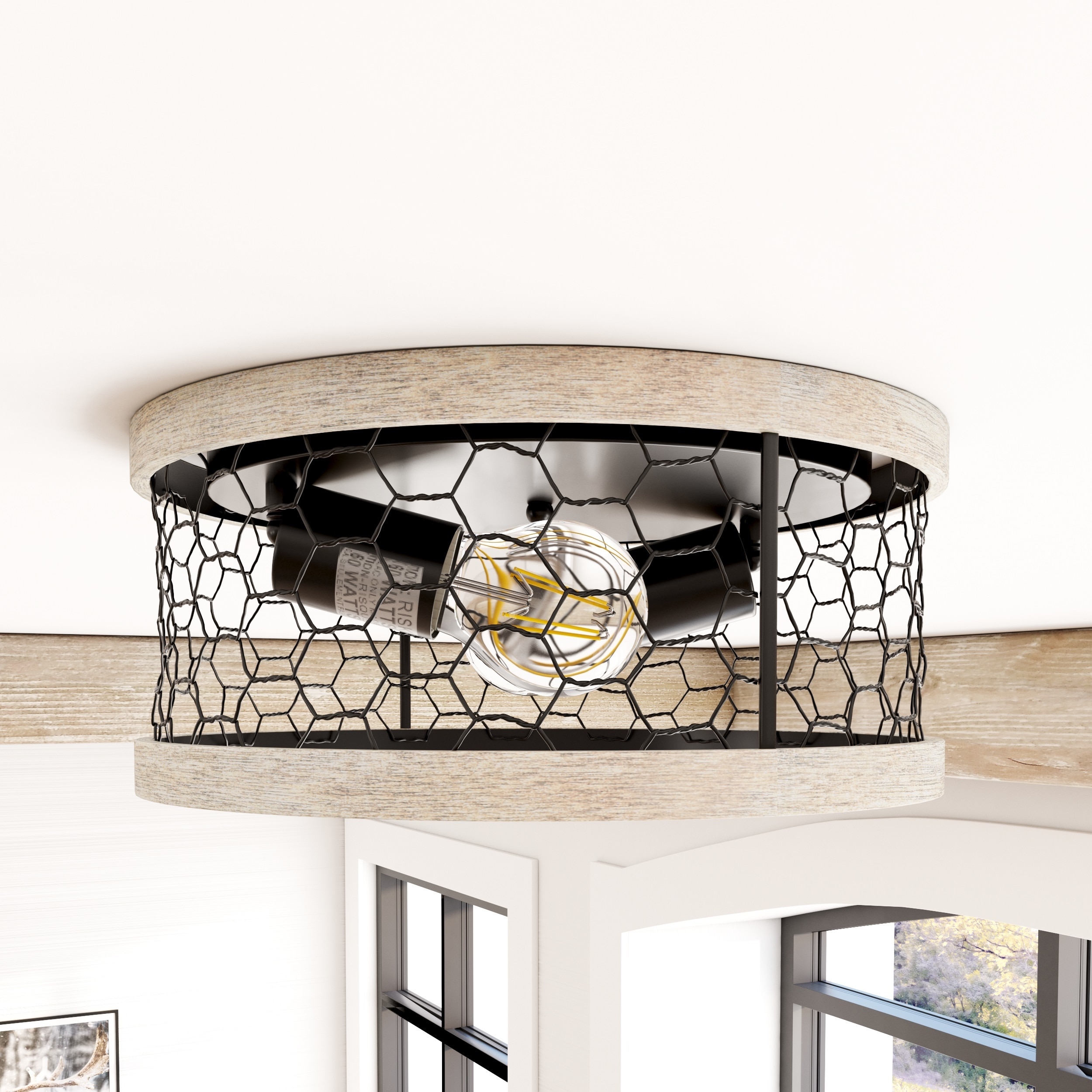 Matte Black Rustic Glass Drum Flush Mount Light