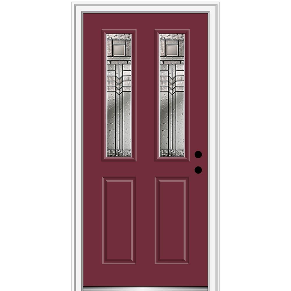 MMI DOOR ZZ3664583L 34-in x 80-in x 6-9/16-in Fiberglass Twin lite Left-hand inswing Burgundy Painted Prehung Front Door with Brickmould Insulating core