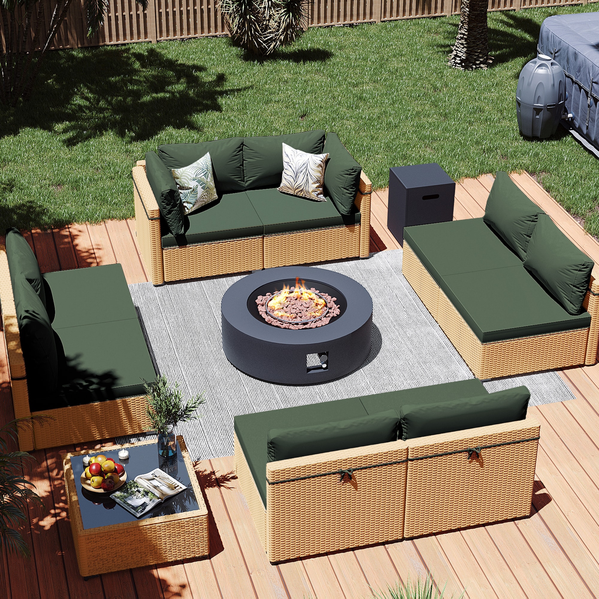 Patio Watcher LS-RT9-KD42DK-Y3 10 -Piece Rattan Patio Conversation Set with Green Cushions