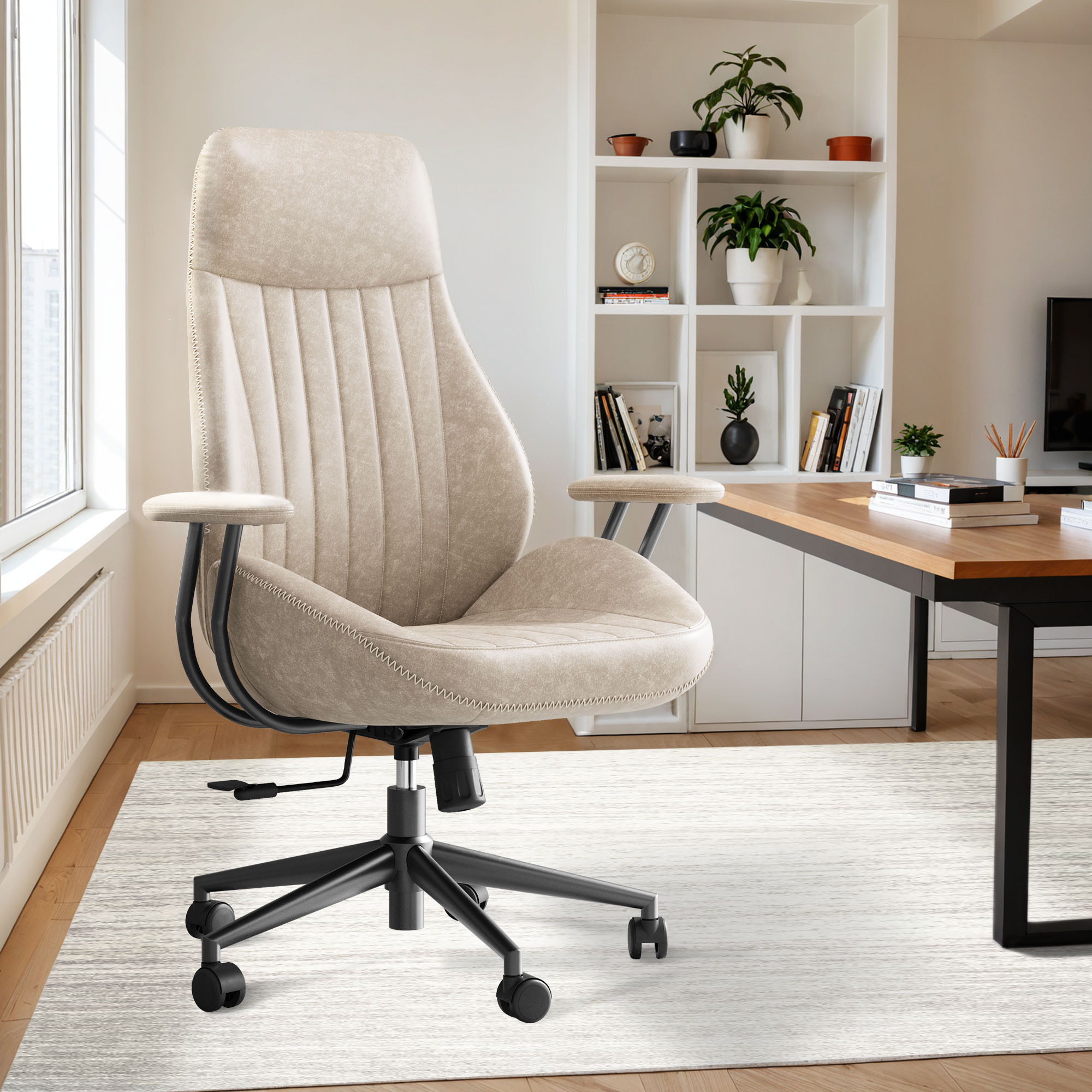 weaxty HMBLEAKL400 Beige Contemporary Ergonomic Adjustable Height Swivel Fabric Desk Chair