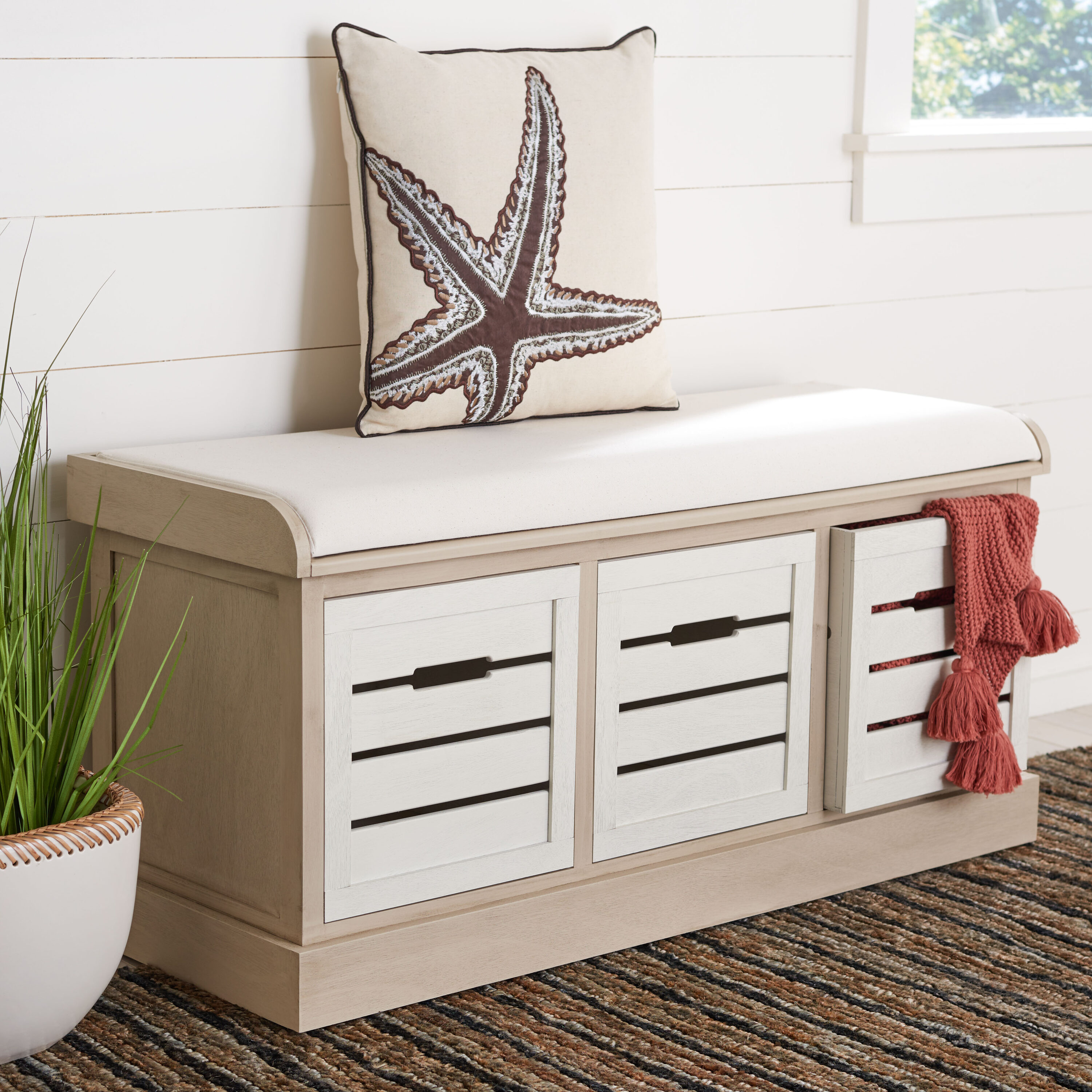 Safavieh BCH5700B Farmhouse Sand Frame/Distressed White Drawers Storage Bench with Storage 42-in x 15-in x 19.75-in