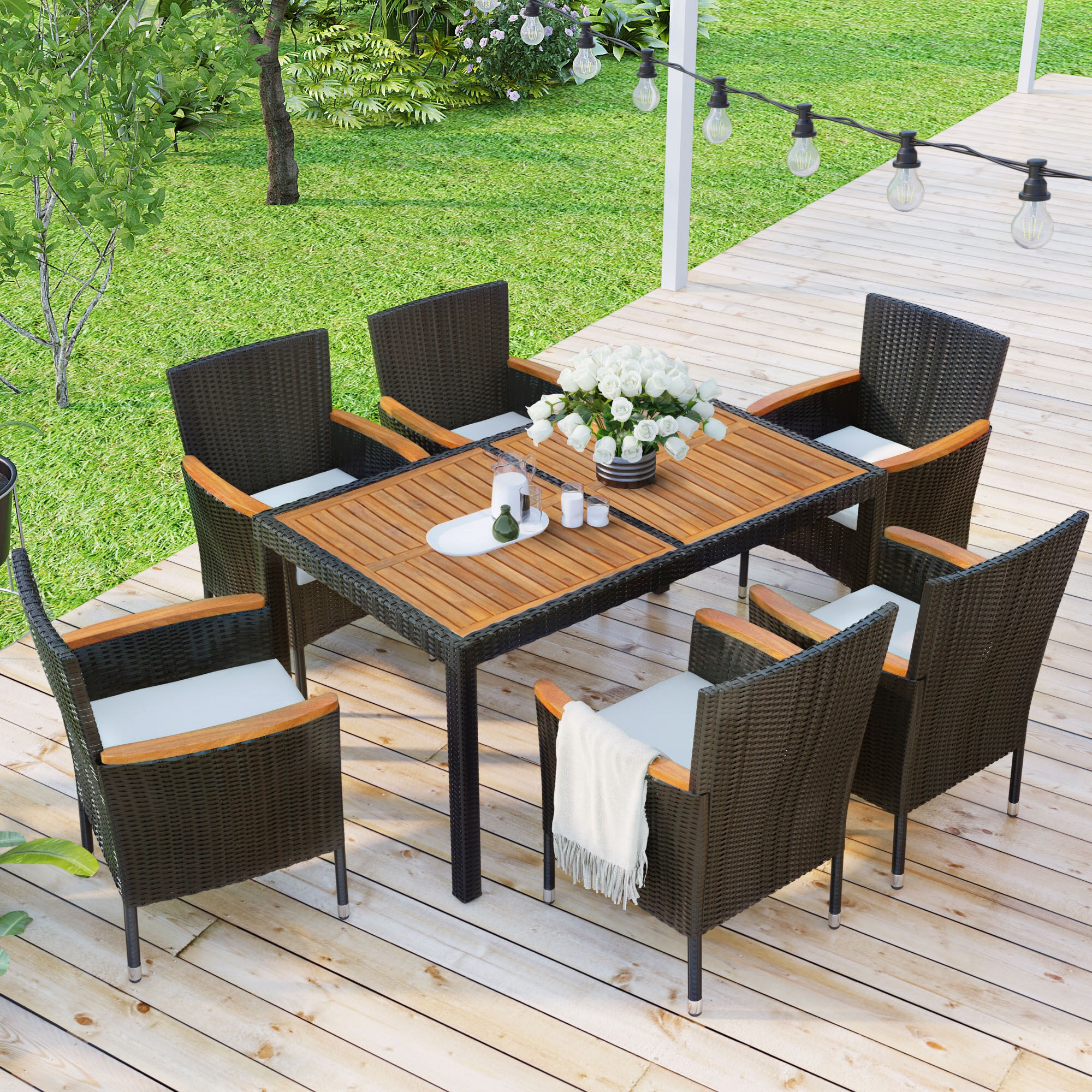 Forclover E3FW-006BE 7 -Piece Brown Wicker Patio Dining Set Steel Rectangle Table with 6 Off-white Cushions Stackable Stationary Chairs