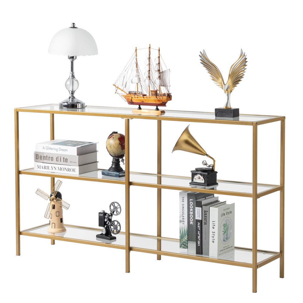 Winado Contemporary Golden Metal Frame Console Table With Clear Glass ...