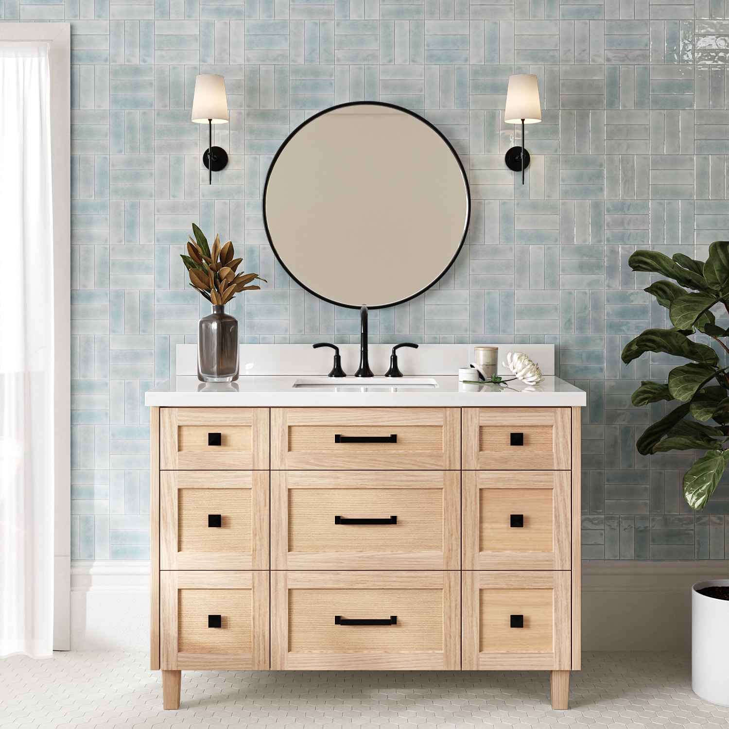 ARIEL - Monroe 48-in Oak Undermount Single Sink Bathroom Vanity with Pure White Quartz Quartz Top