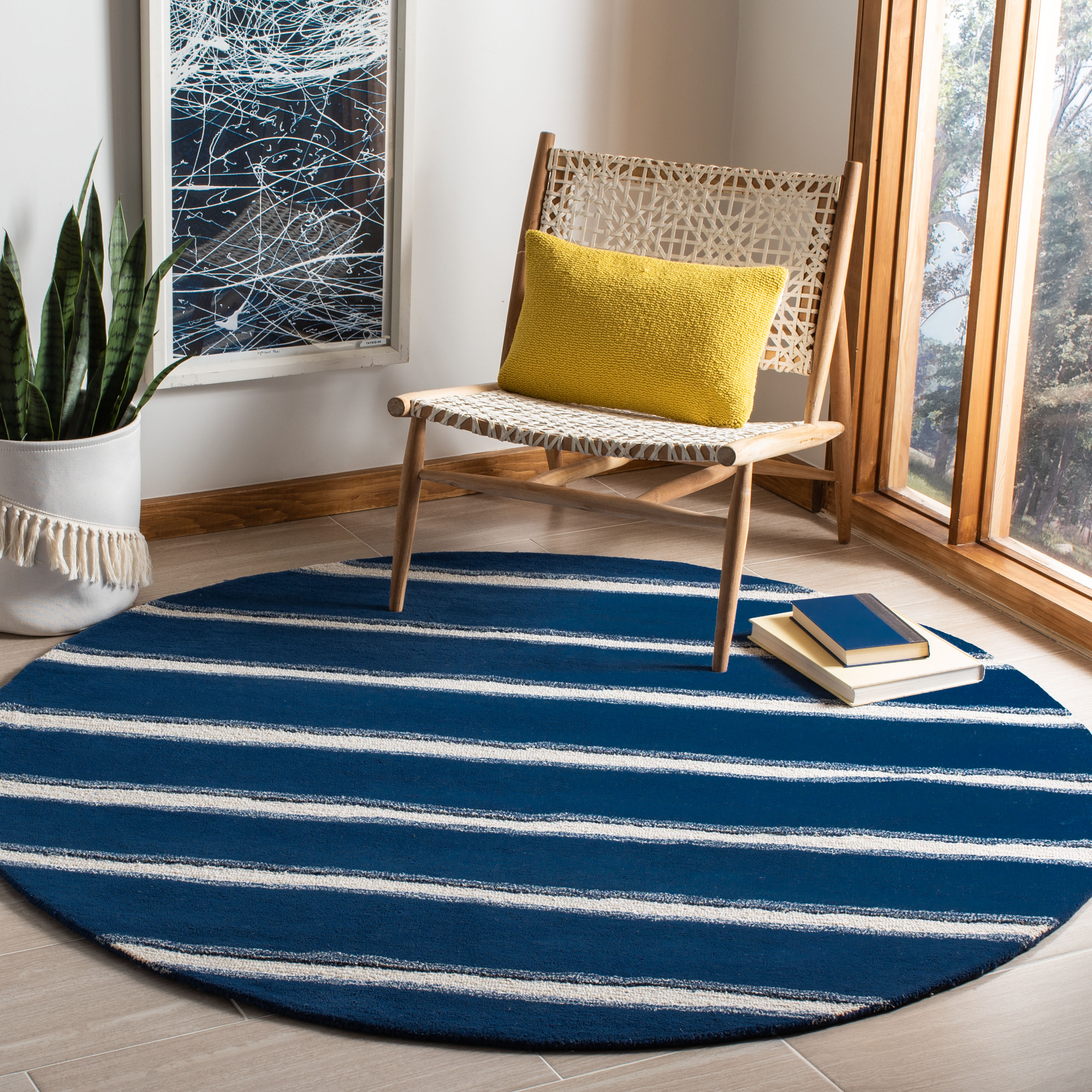 Chalk Stripe Wrought Iron/Navy Contemporary 6ft x 6ft Round Rug