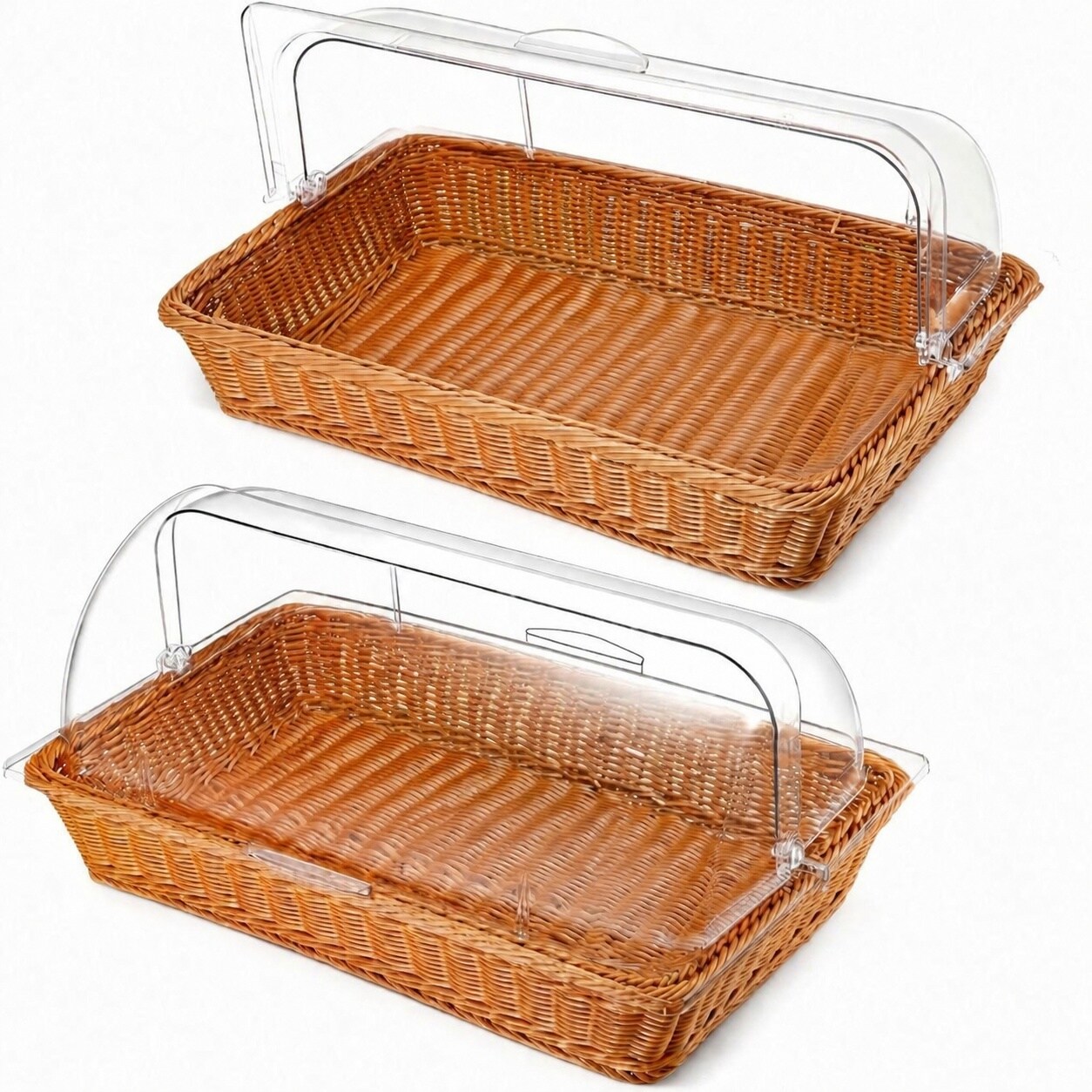 Aoibox  Set of 2 Woven Rattan Bread Baskets with Clear Acrylic Roll Top Lids and Tongs for Serving Food at Home or Events 21 0