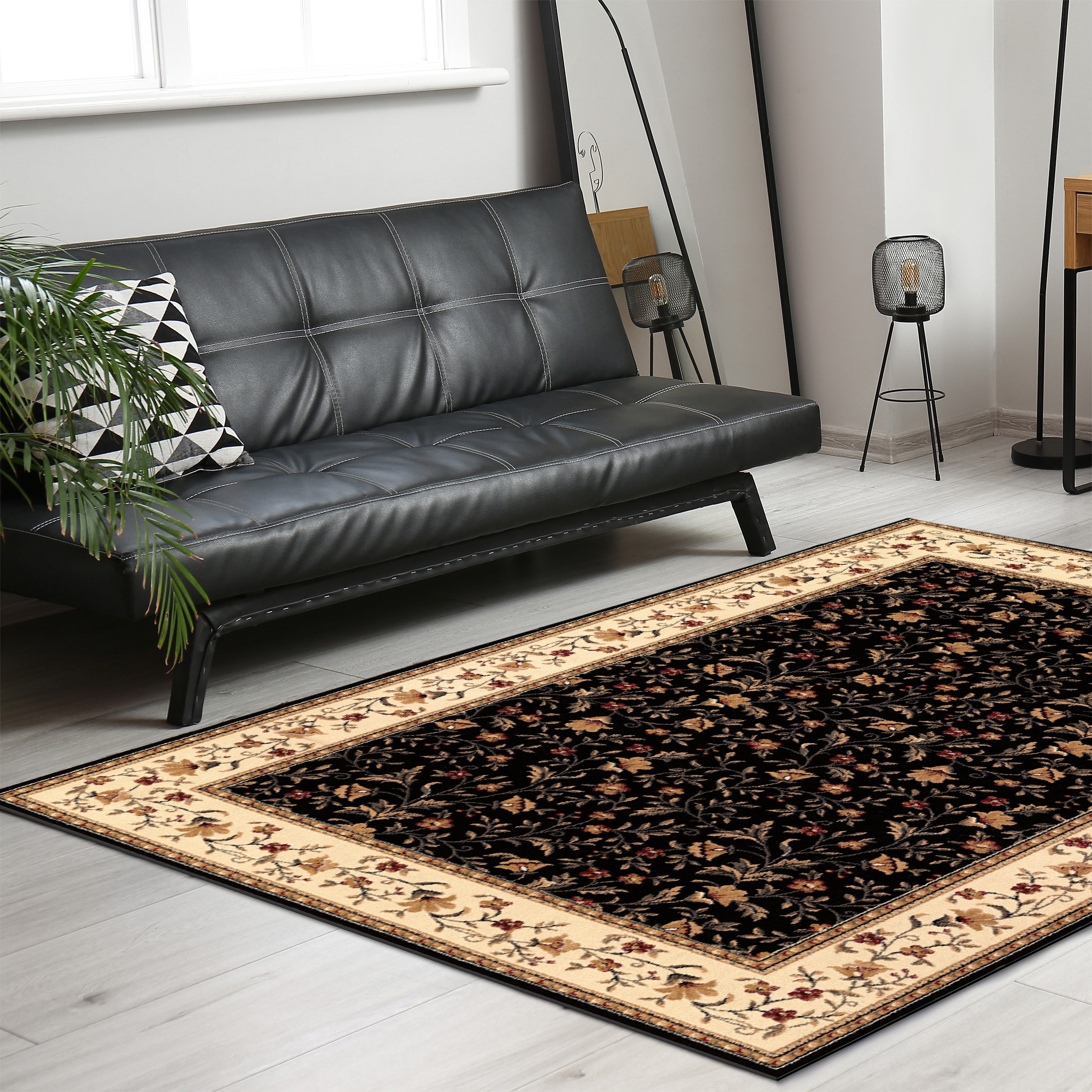 Radici USA 1593/1112/BLACK Como 8 x 10 (ft) Polypropylene Black Rectangular Indoor Floral/Botanical Oriental Area rug