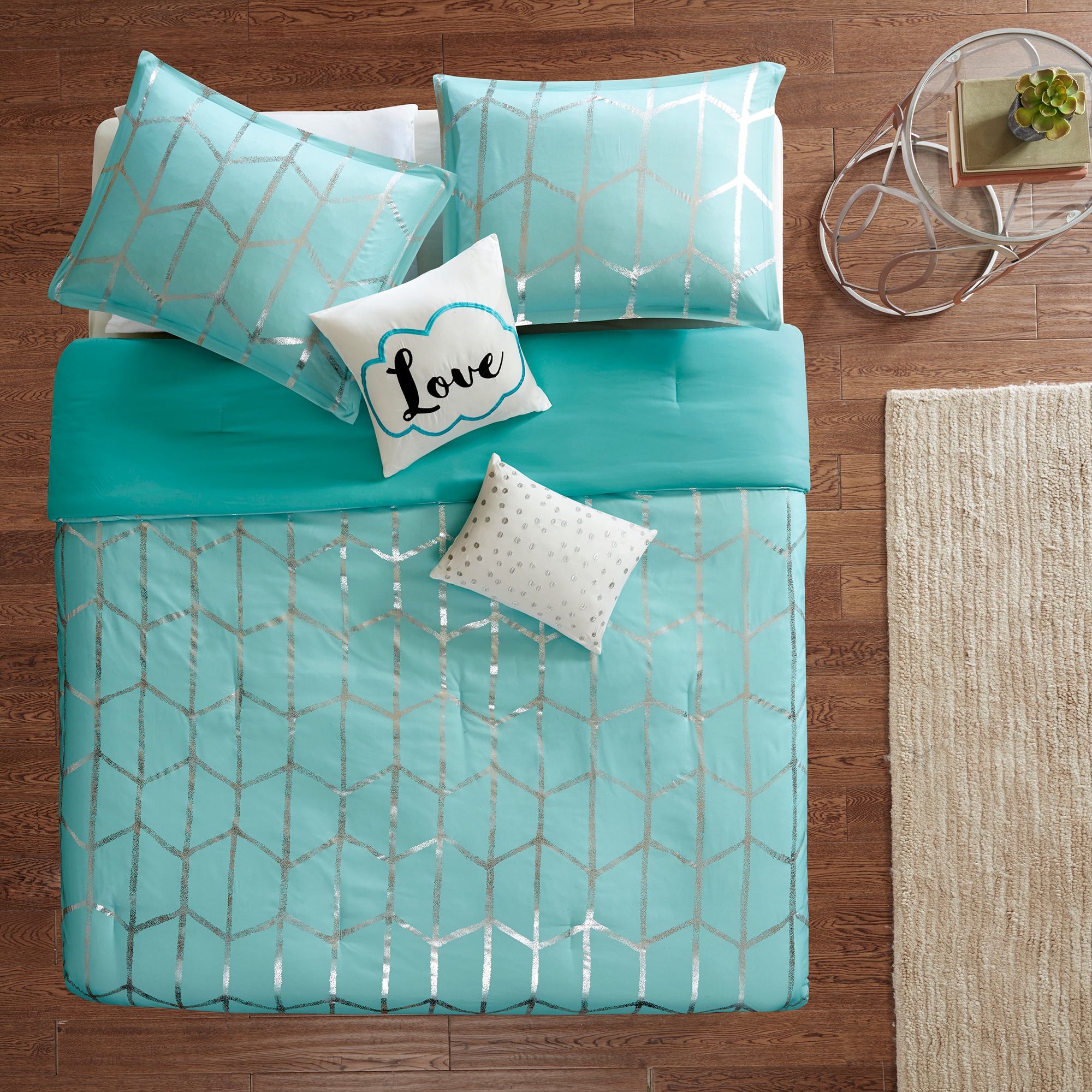 Aqua and Silver King Microfiber Comforter Set with Decorative Pillows