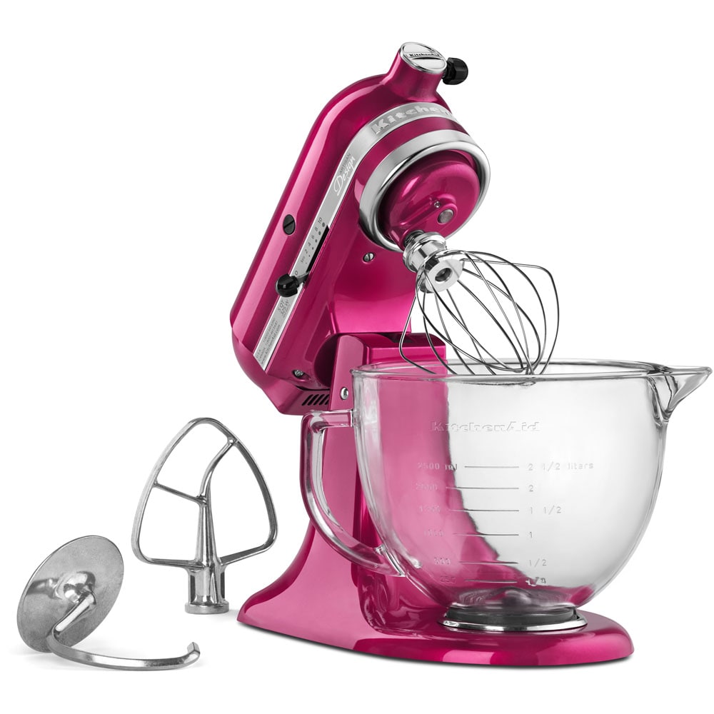 Premium AI Image  A blue kitchenaid mixer with a pink stand mixer on a  wooden table.