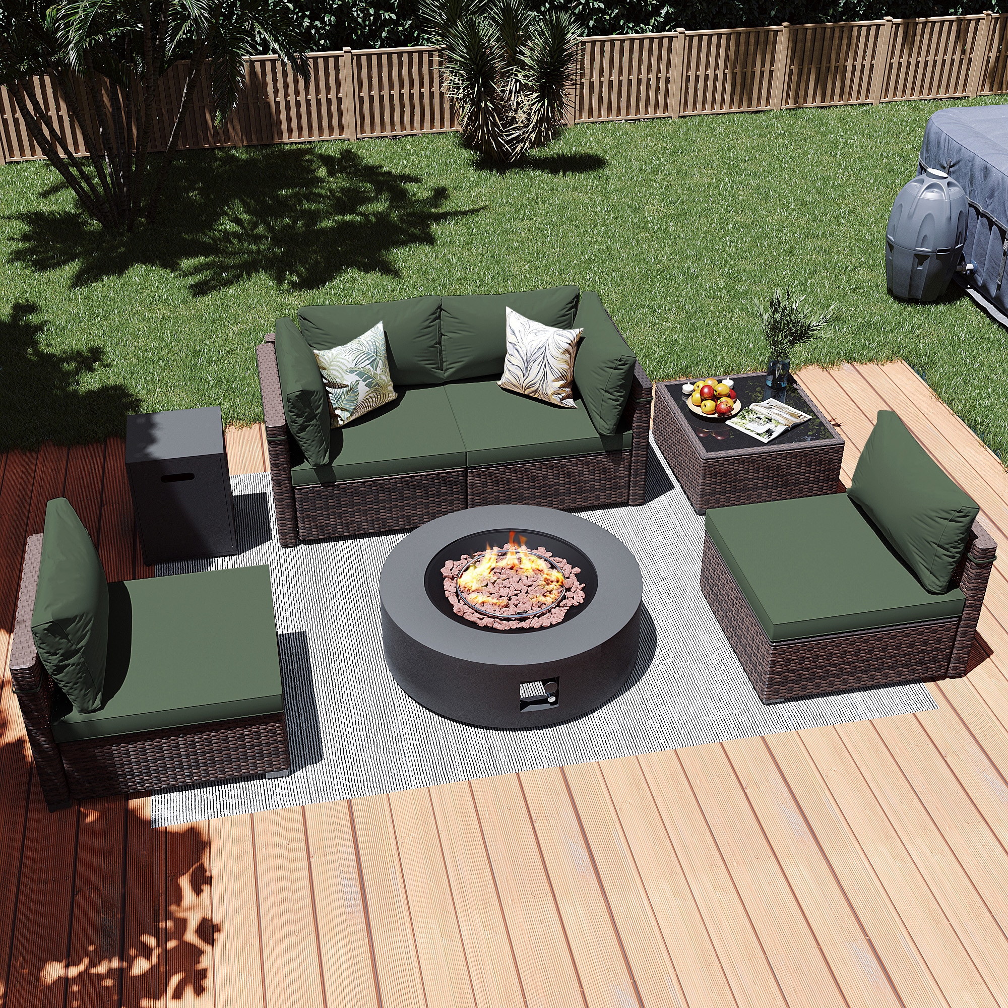 Patio Watcher LS-RT5-KD42DK-B2 6 -Piece Rattan Patio Conversation Set with Green Cushions