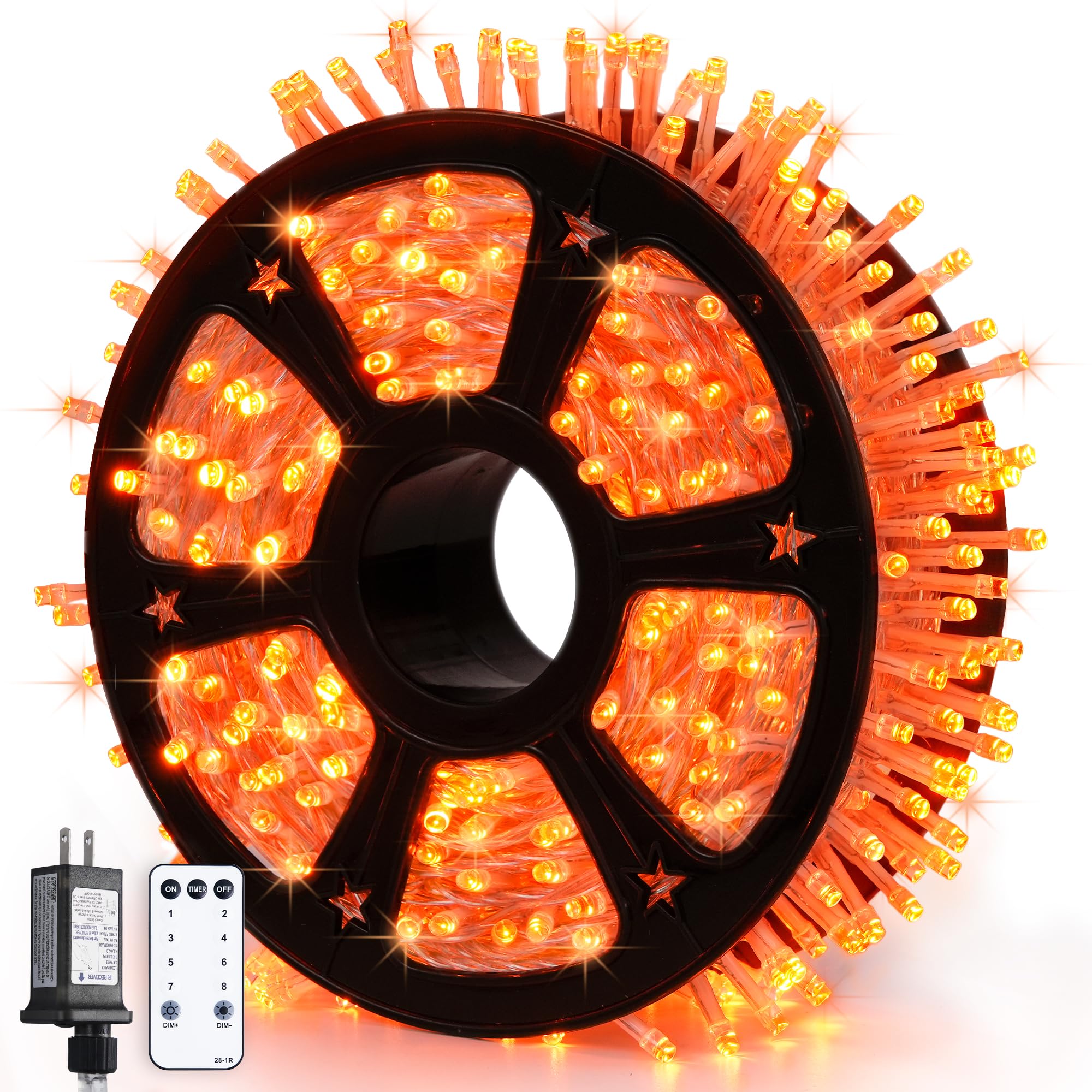 Etokfoks  600 LED orange Thanksgiving string lights 168 ft clear wire indoor outdoor decor with 8 modes timer brightness control and reel