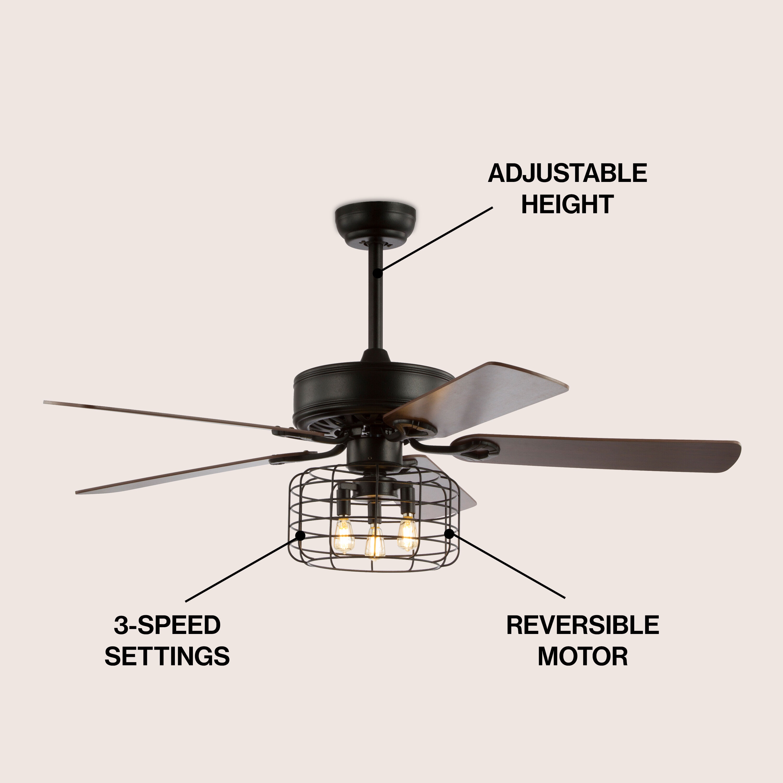 JONATHAN Y Asher Industrial Metal/Wood 52-in Forged Black with Walnut/Red walnut Blades Ceiling Fan With Light - Remote Included ( 5 -Blade )