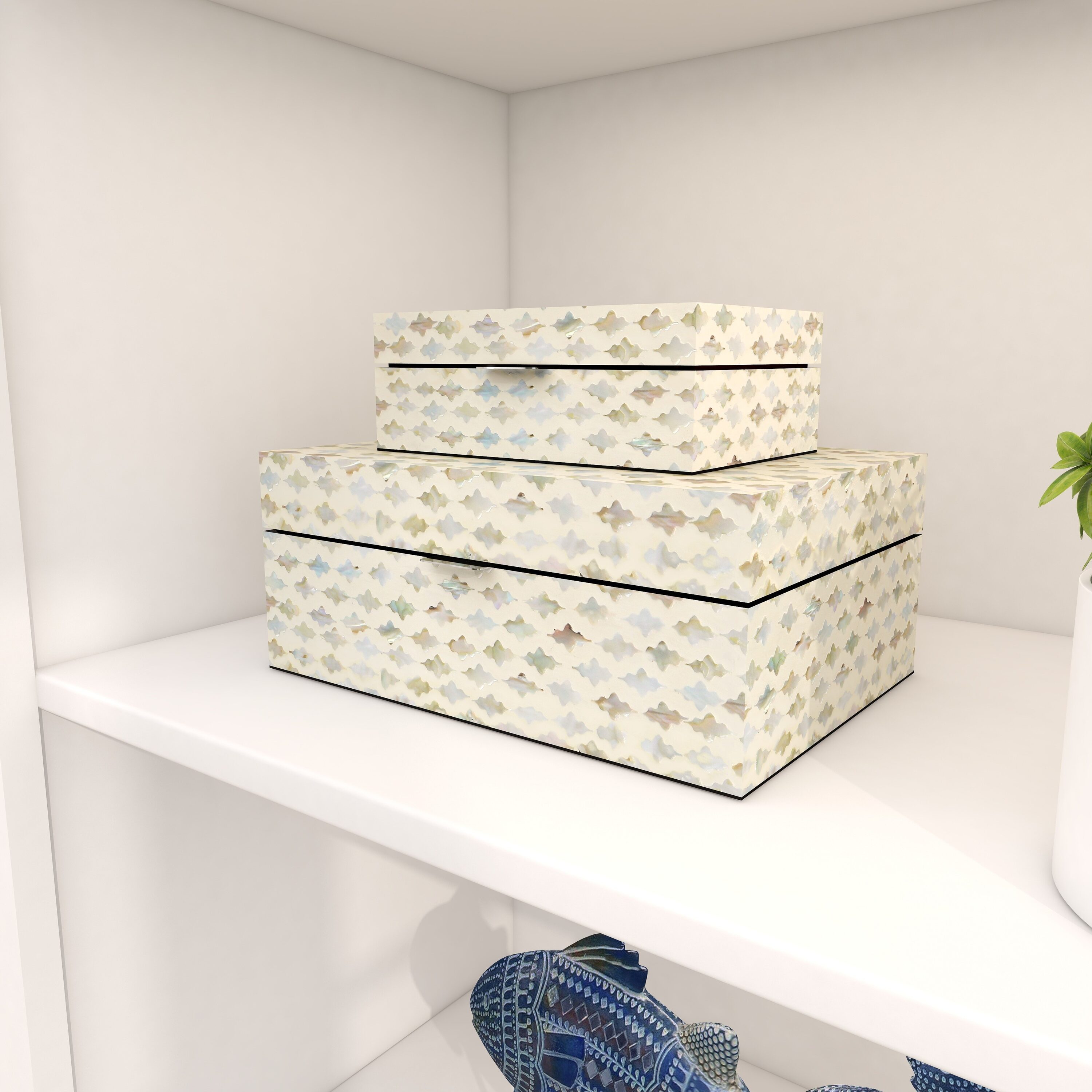 Cream Mother of Pearl Geometric Lidded Jewelry Boxes, Set of 2