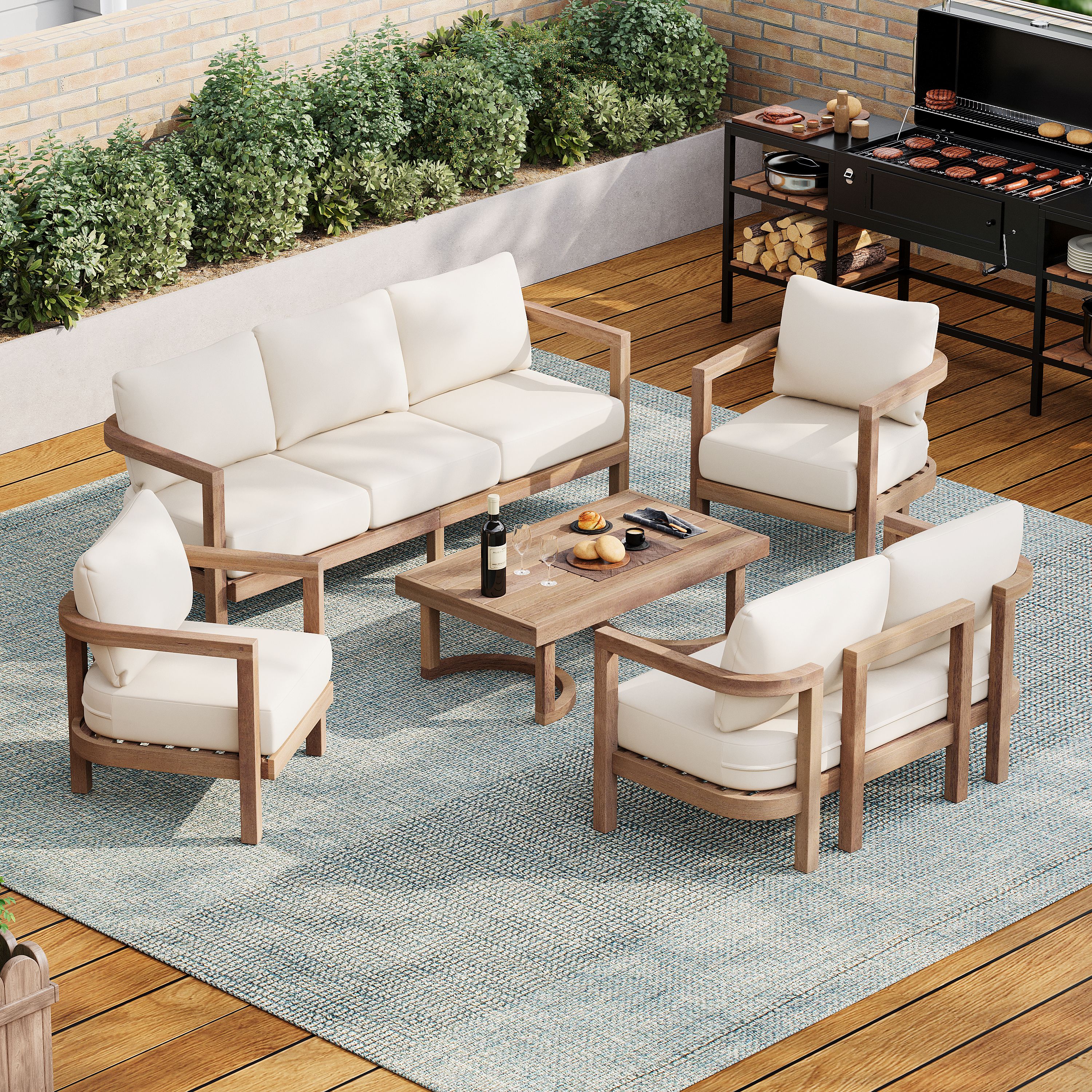 Christopher Knight Home Wichita Outdoor Modern Acacia Wood 5 Piece Patio Conversation Set with Rectangular Coffee Table Deep Seating Sofa Loveseat and Club Chairs Water Repellent Cushions Brown and Beige