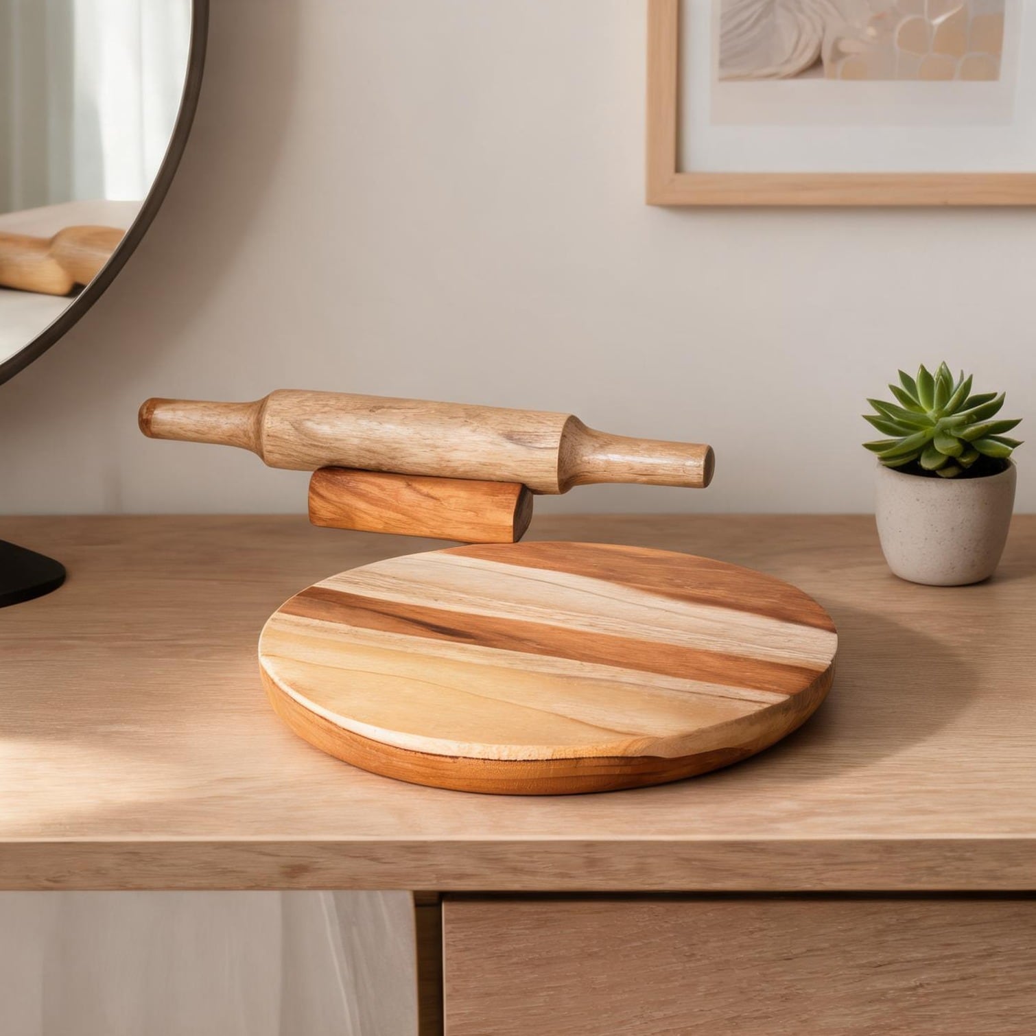 SunJet Natural Teak Rolling Pin and Board Set with Stand for Effortless Tortilla Pressing and Kitchen Prep