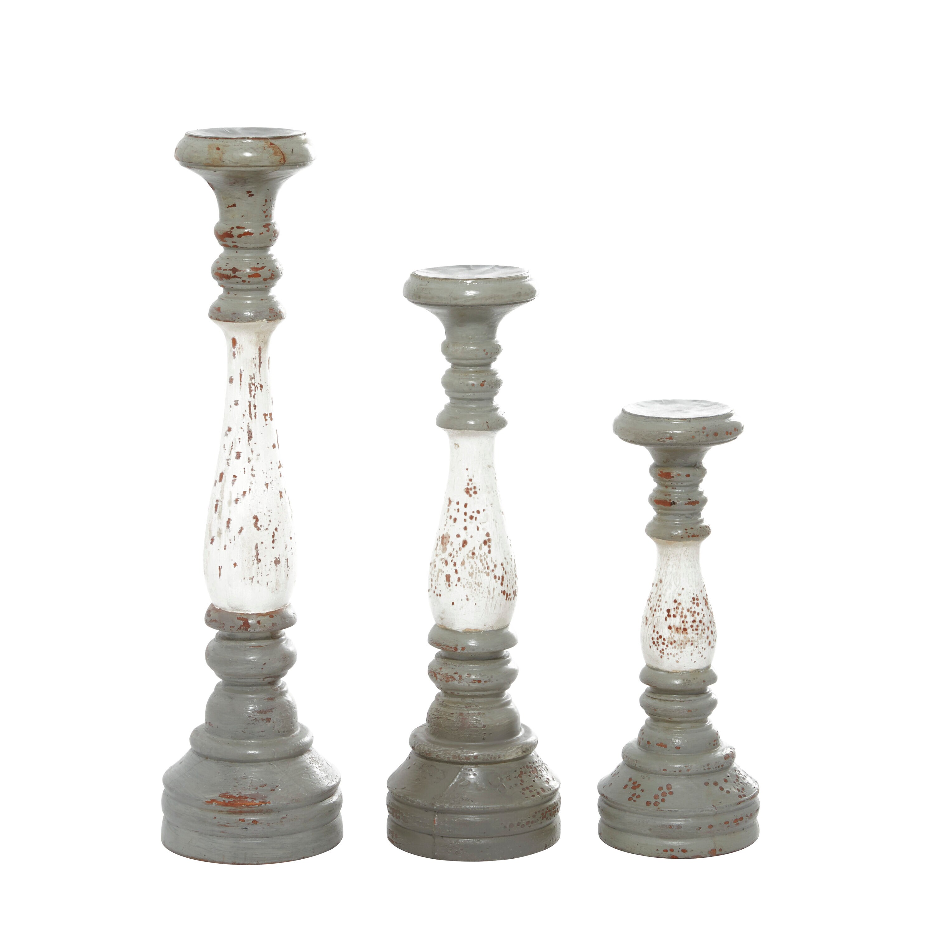 Gray and White Distressed Wood Pillar Candle Holders, Set of 3