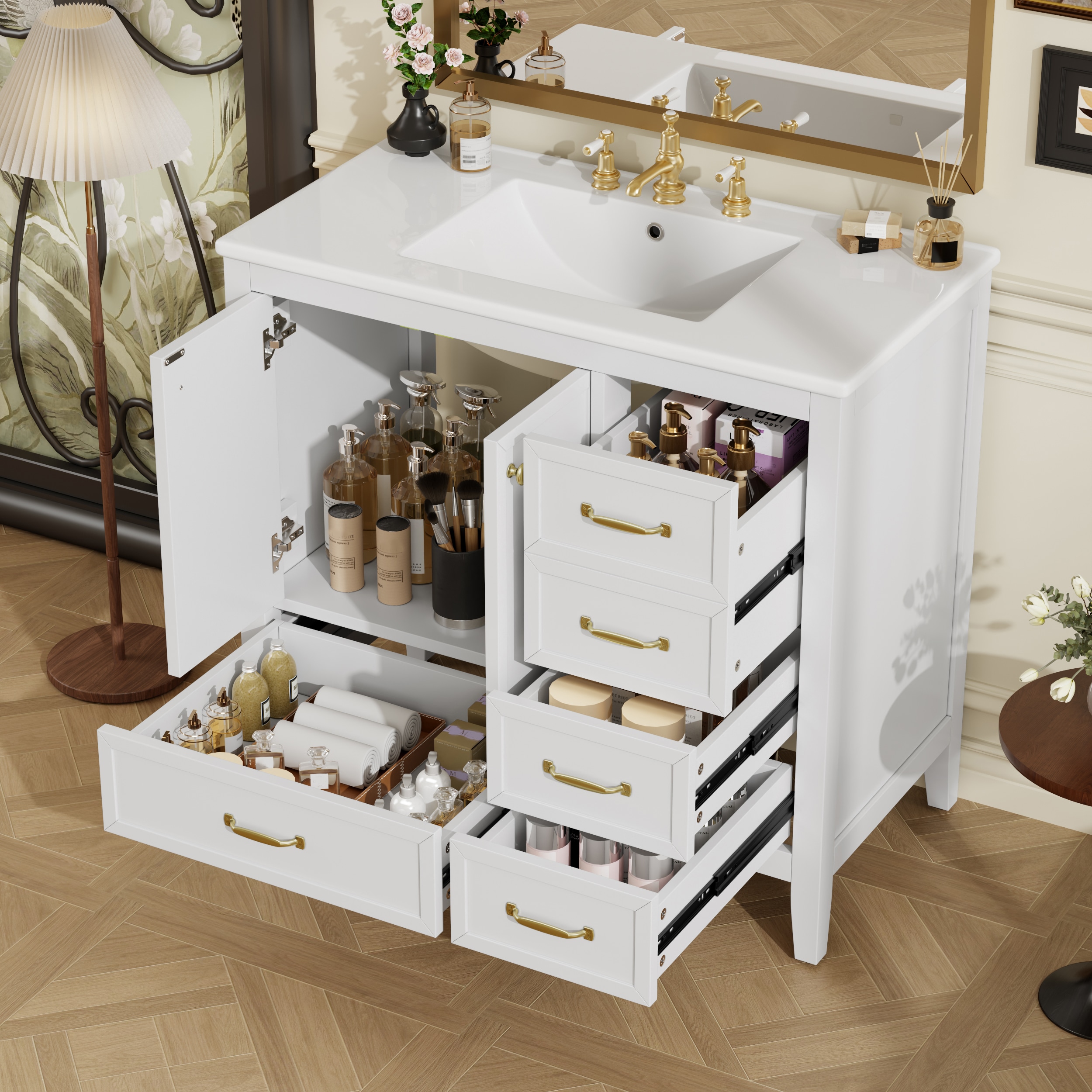 LOVMOR SF-WO-N759P293646K Bathroom Vanity with Sink Bathroom Cabinet with Soft Closing Door 4 Drawers of Different Sizes Solid Wood Frame and Leg One Package White