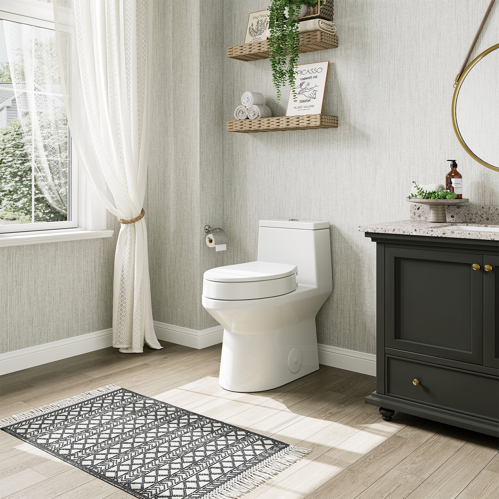 HOROW - Toilets White Elongated Tall height 12-in Rough-In 1.6 GPF Dual Flush Soft Close 1-piece ...