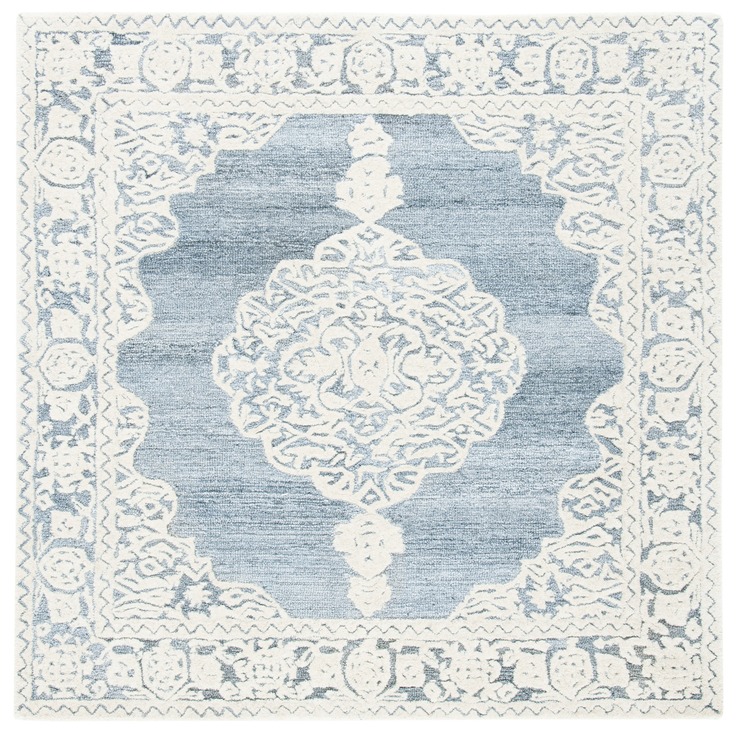 Safavieh MLP275M-5SQ Micro-Loop Cvetana 5 x 5 (ft) Tufted Wool Light Blue/Ivory Square Indoor Medallion French Country Area rug