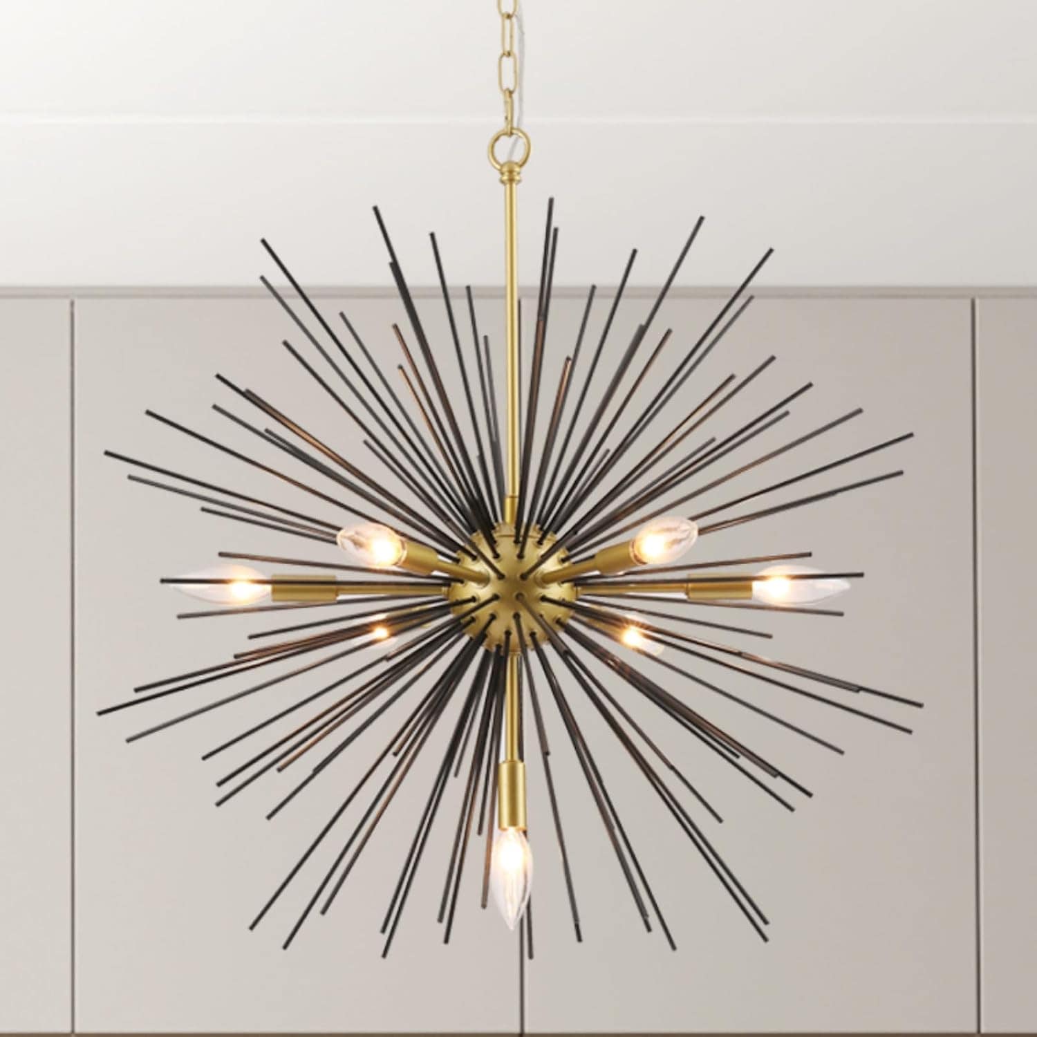 JUSHUA Twenty five and six tenths Inches sputnik satellite chandelier with seven light sources modern starburst firework metal ceiling light in black and gold E12 base for dining room bedroom kitchen hallway and entryway