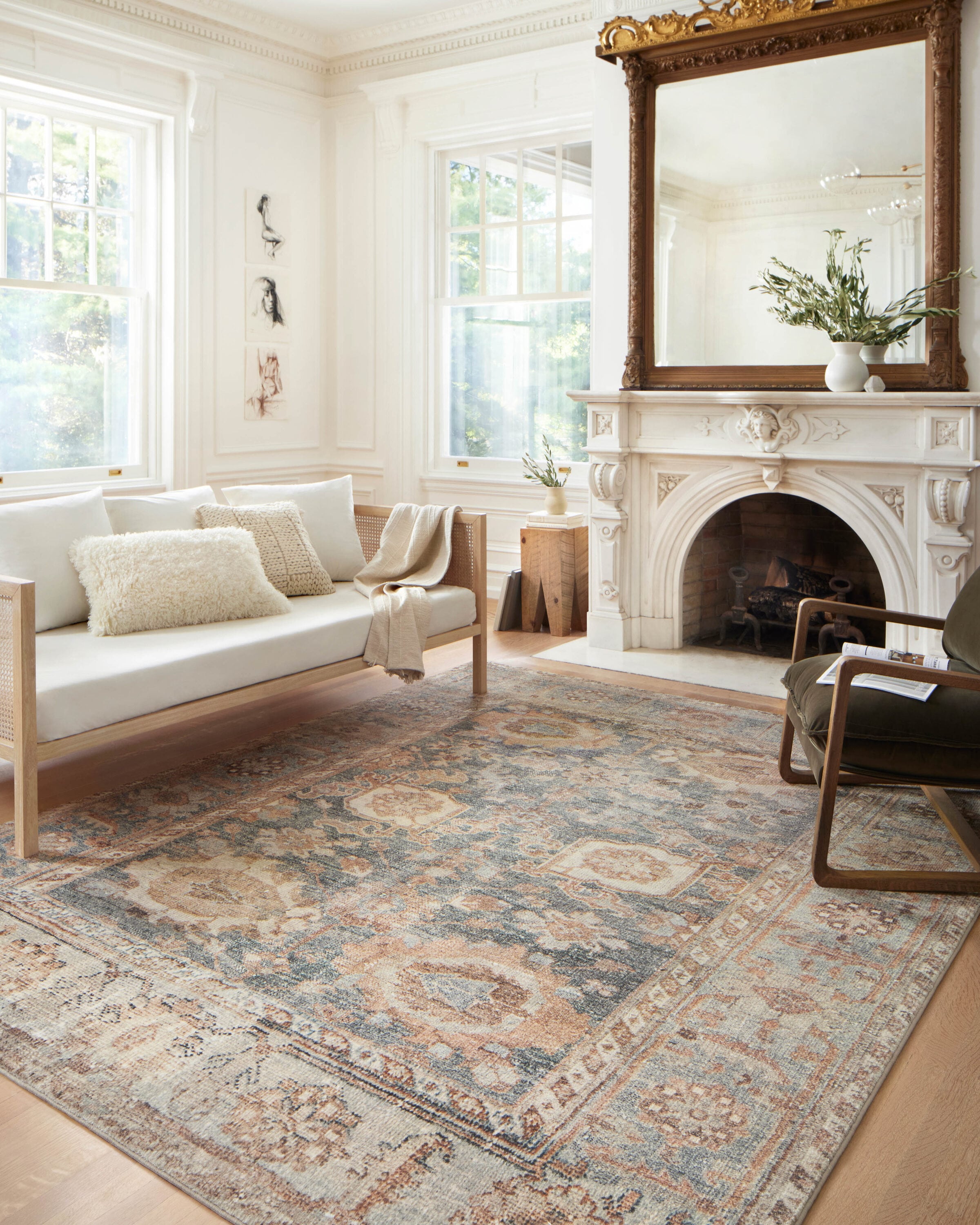Loloi II MARGMAT-03OCSQ7696 Margot 8 x 10 (ft) Loomed Polyester OCEAN / SPICE Rectangular Indoor Distressed/Overdyed Persian Area rug