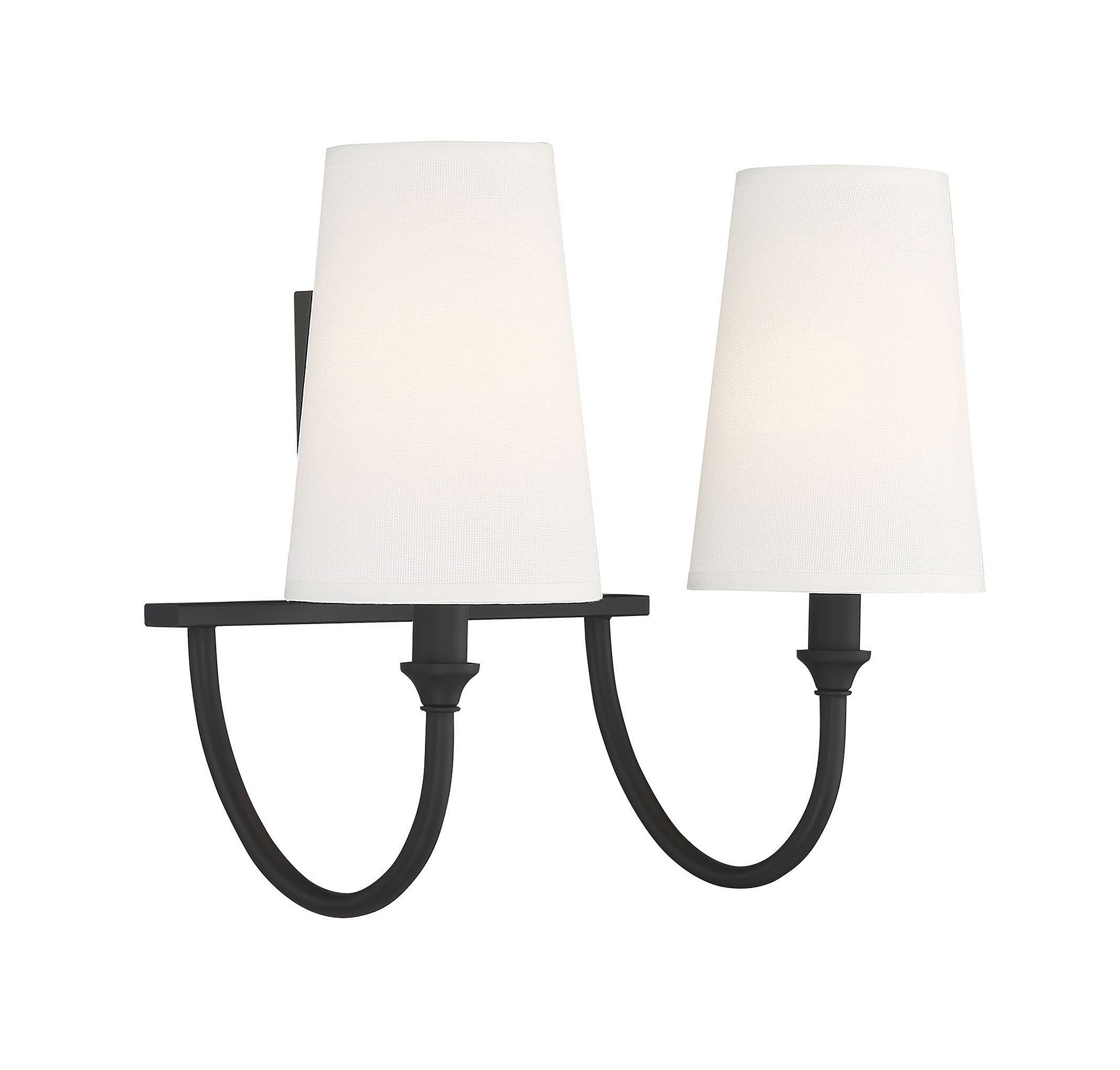 Cameron Matte Black 2-Light Vanity with Tall White Fabric Shades