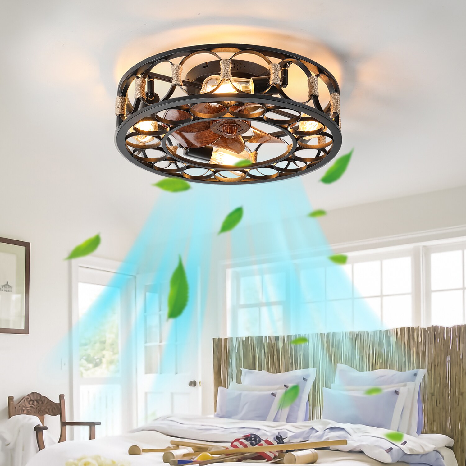 SINOFURN 20-in Black Indoor Flush Mount Fandelier Ceiling Fan and 