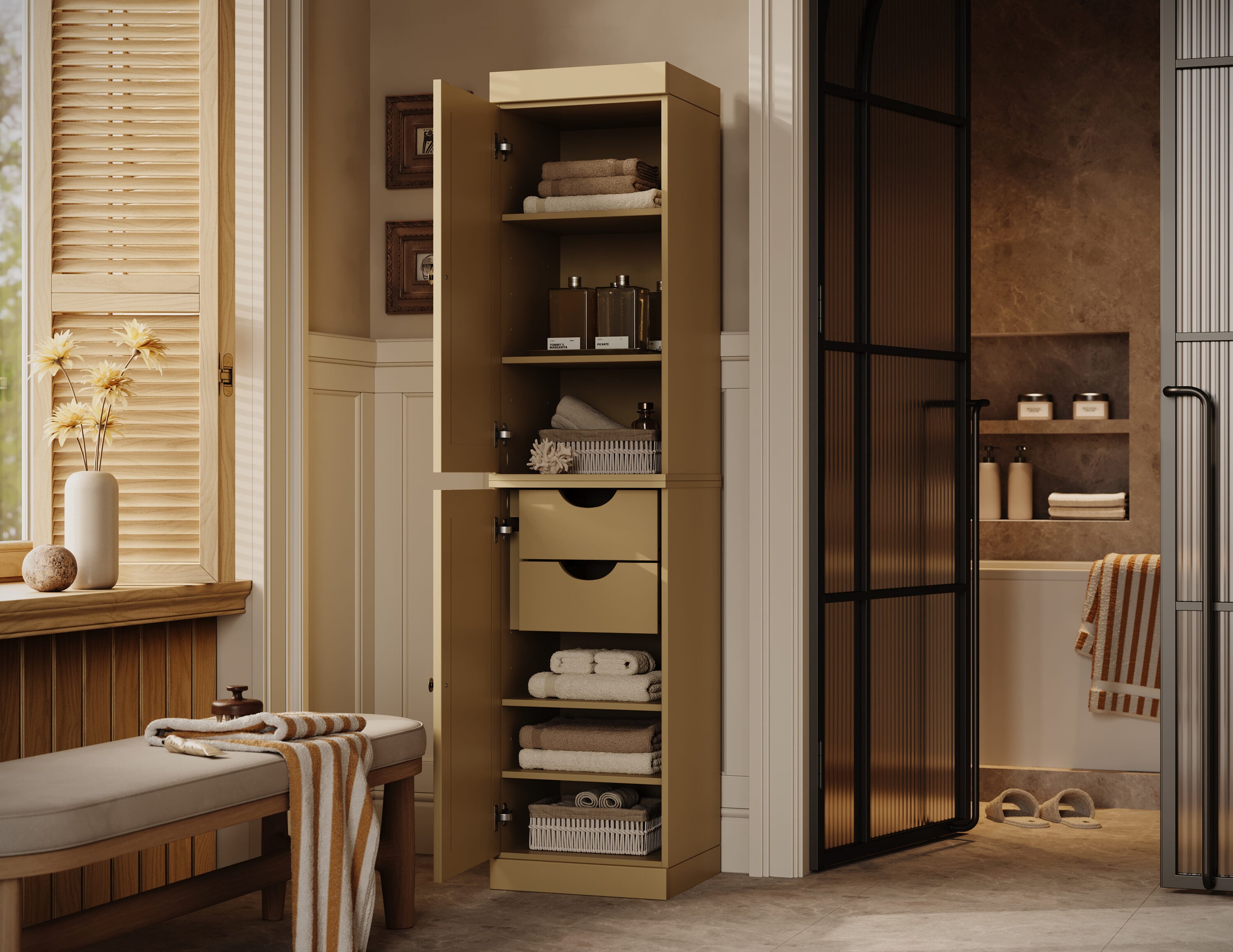 Palace Imports Solid Wood Tall Modular Narrow Shaker Bathroom Linen Laundry Room Storage Cabinet with 2 Drawers