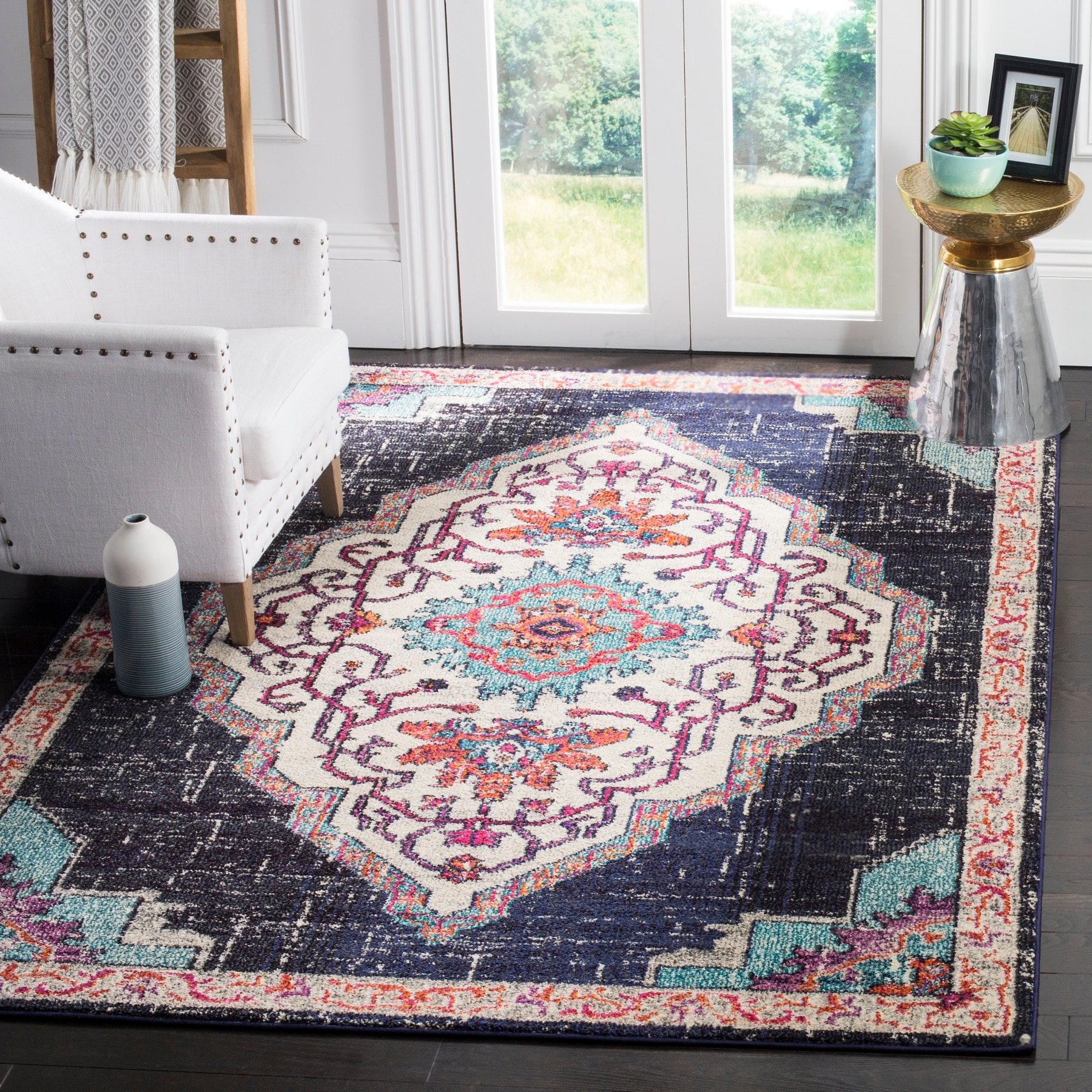 Safavieh MNC254Z-5SQ Monaco Celeste 5 x 5 (ft) Loomed Polypropylene Black/Blue Square Indoor Distressed/Overdyed Bohemian/Eclectic Area rug