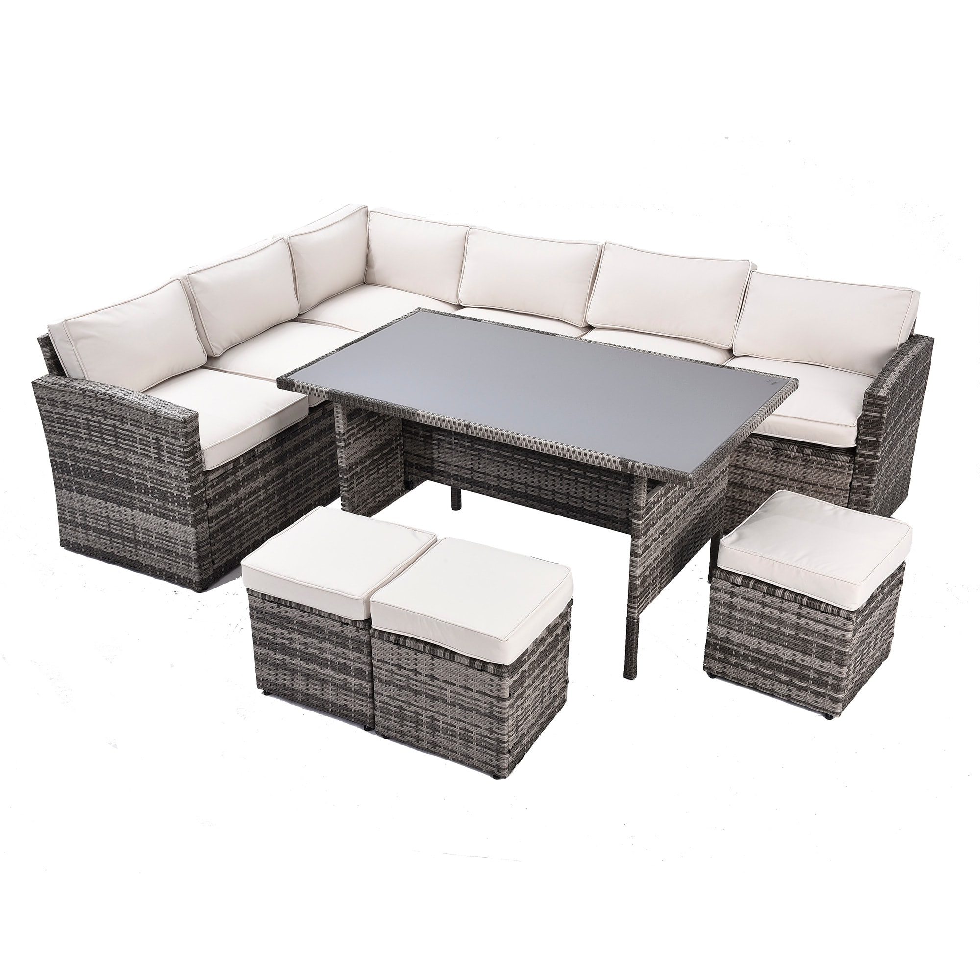 SINOFURN SYA010343GY 7 -Piece Rattan Patio Conversation Set with Beige Cushions