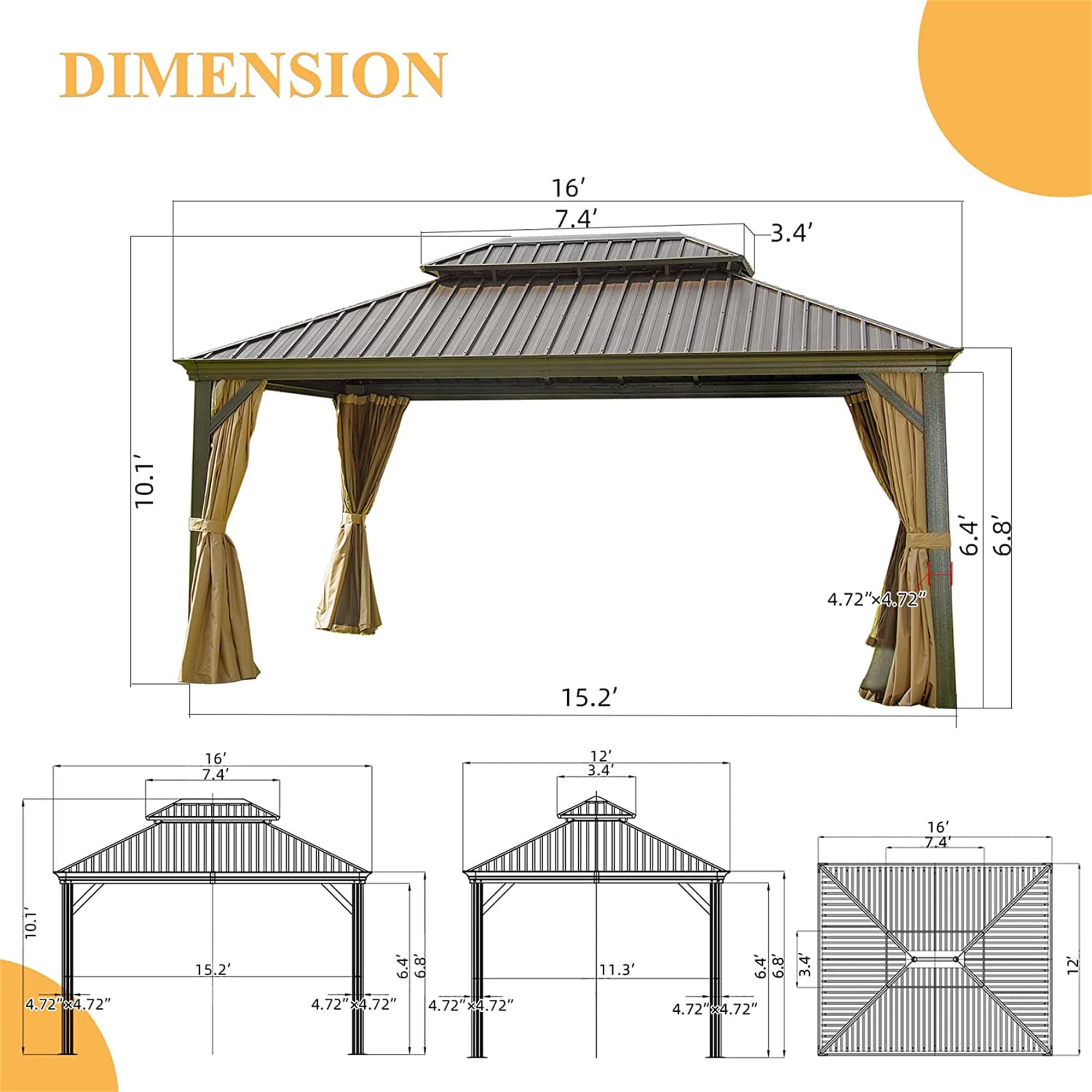 16' x 12' Brown Aluminum Patio Gazebo with Hardtop Roof