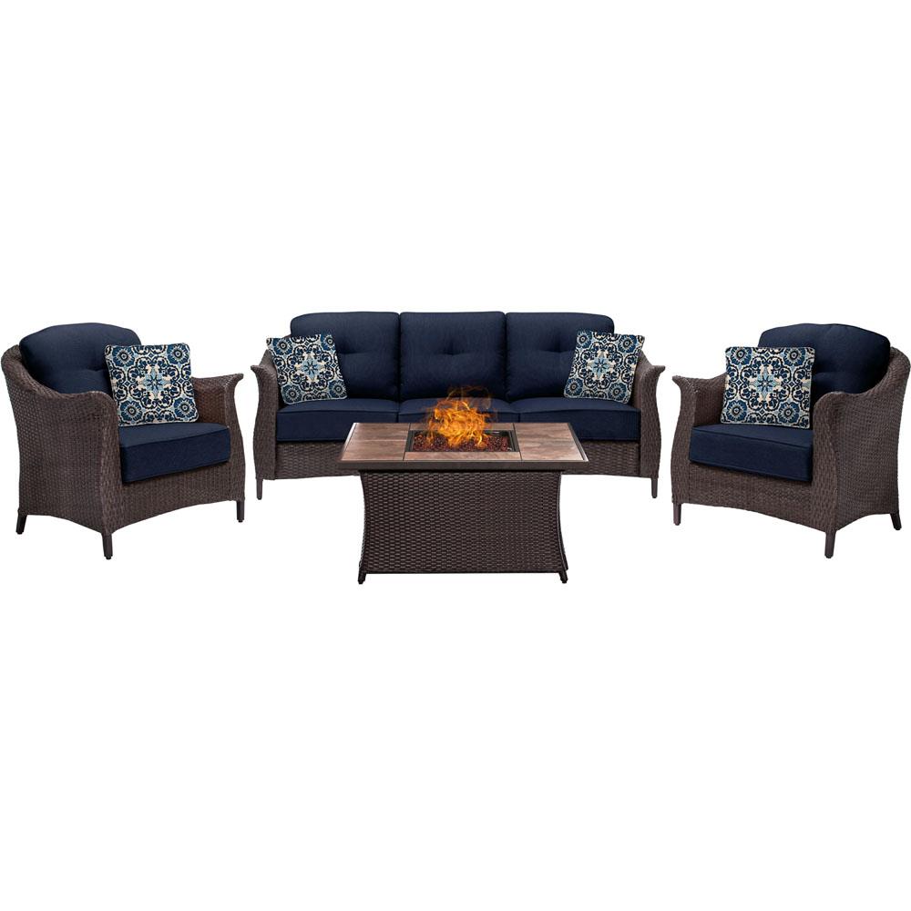 Hanover GRAM4PCFP-NVY-TN Gramercy 4-Piece Patio Conversation Set with Blue Cushions