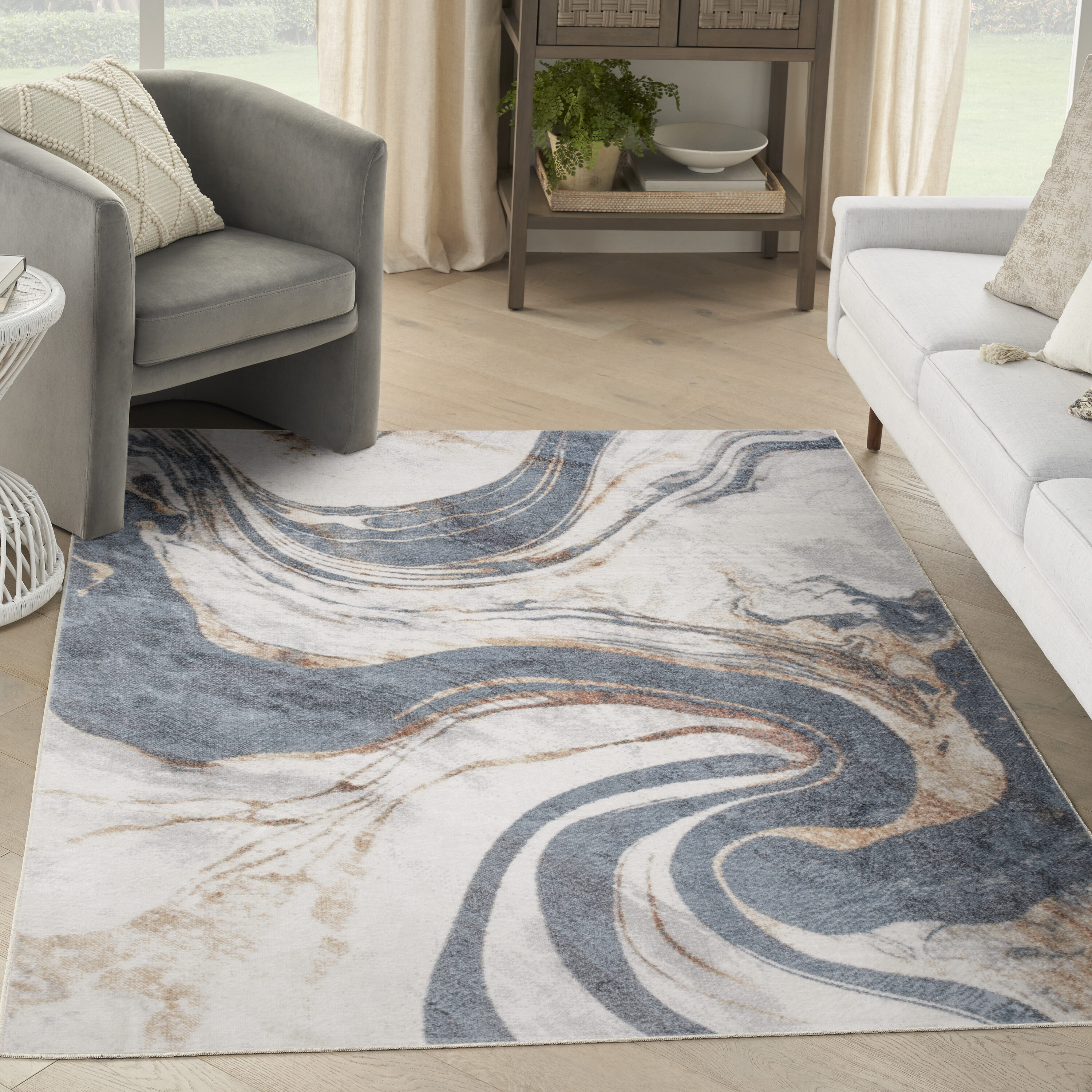 Nourison Home 099446977854 Astra Machine Washable 5 x 7 (ft) Loomed Polyester Ivory Blue Rectangular Indoor Abstract Machine washable Area rug