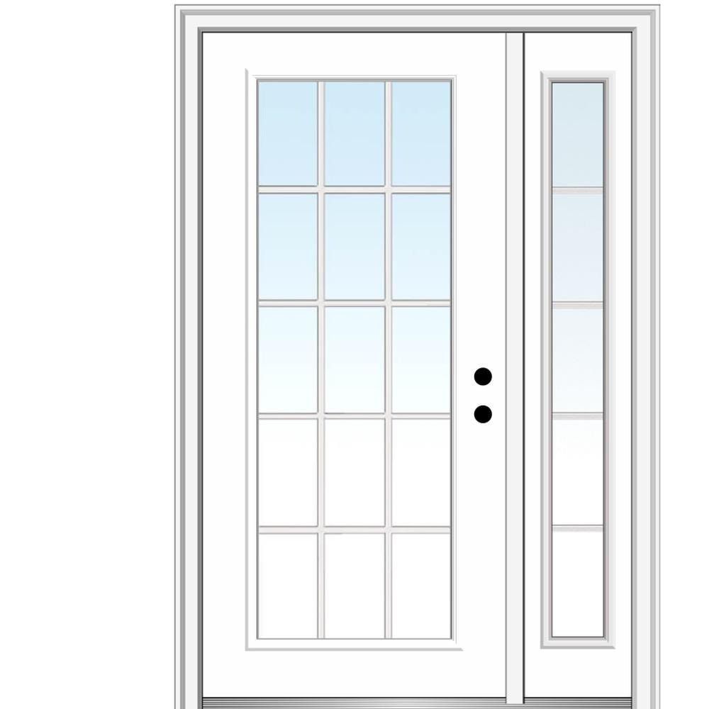 MMI DOOR ZZ29242L 48-in x 80-in x 6-9/16-in Fiberglass Full lite Left-hand inswing Primed Prehung Front Door with Right Sidelight with Brickmould Insulating core with Grilles