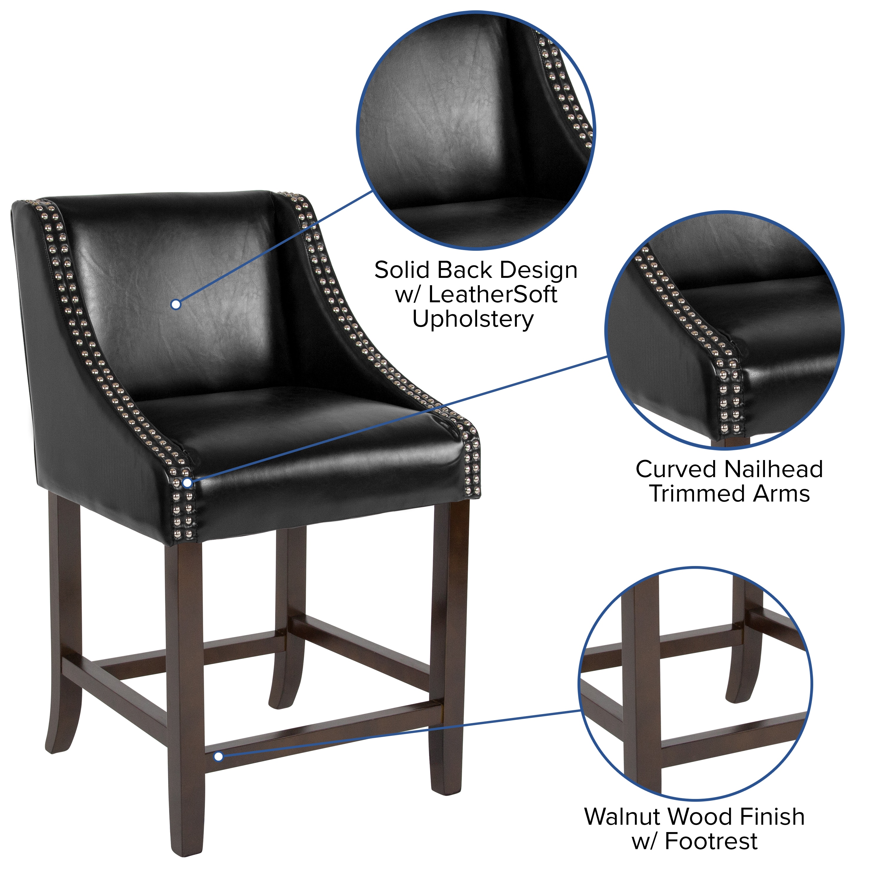 Black Leather 24" Wood Counter Height Stool with Nail Trim