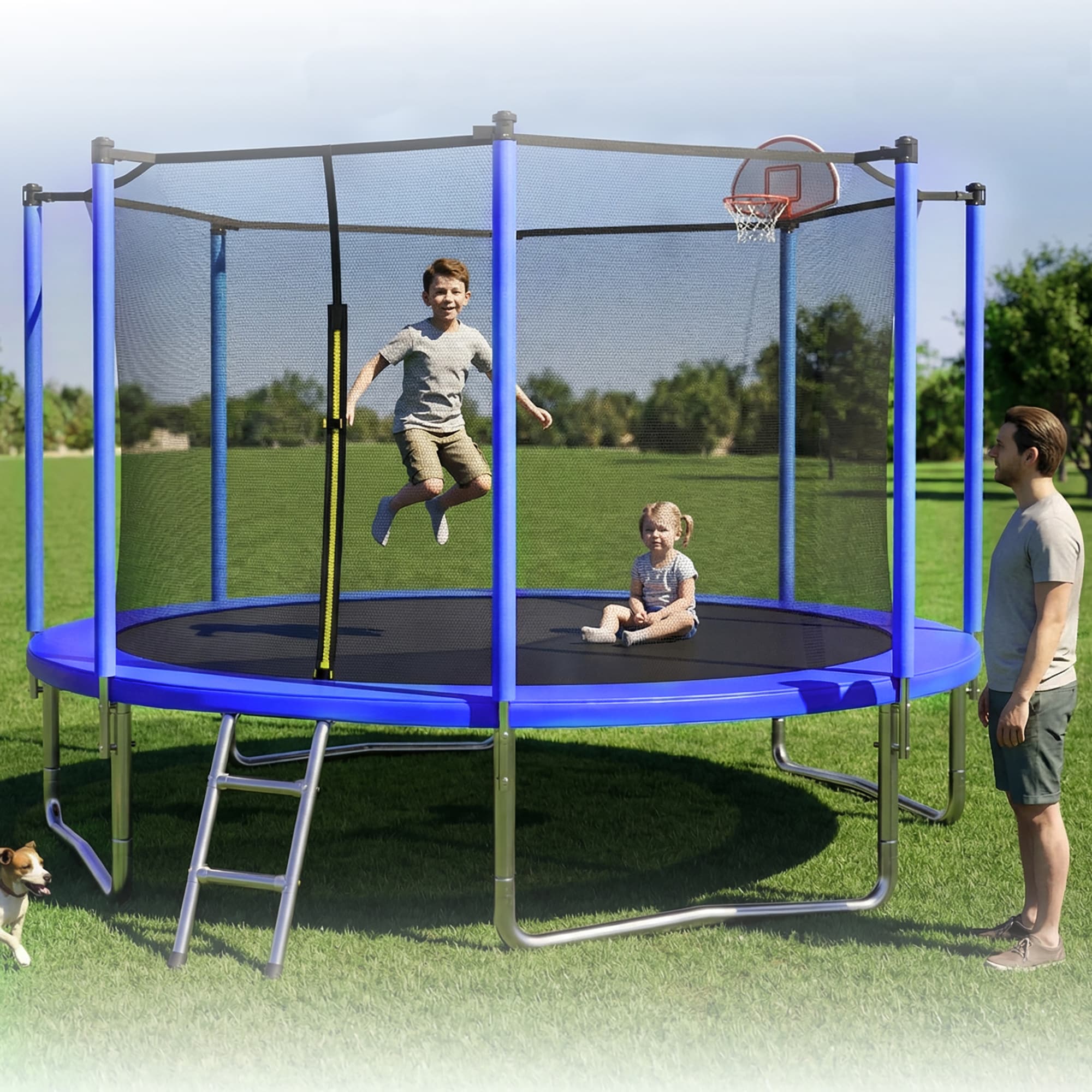 Fun Orange - 12FT Trampoline for Kids Adults with Basketball Hoop and Ball ,Recreational Trampoli...